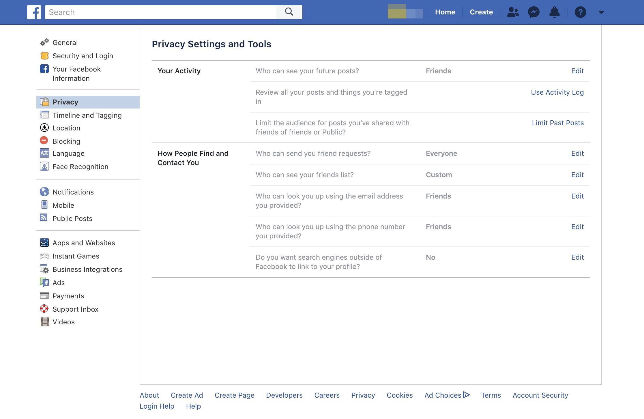 Facebook Настройки конфиденциальности и Инструменты веб-страница