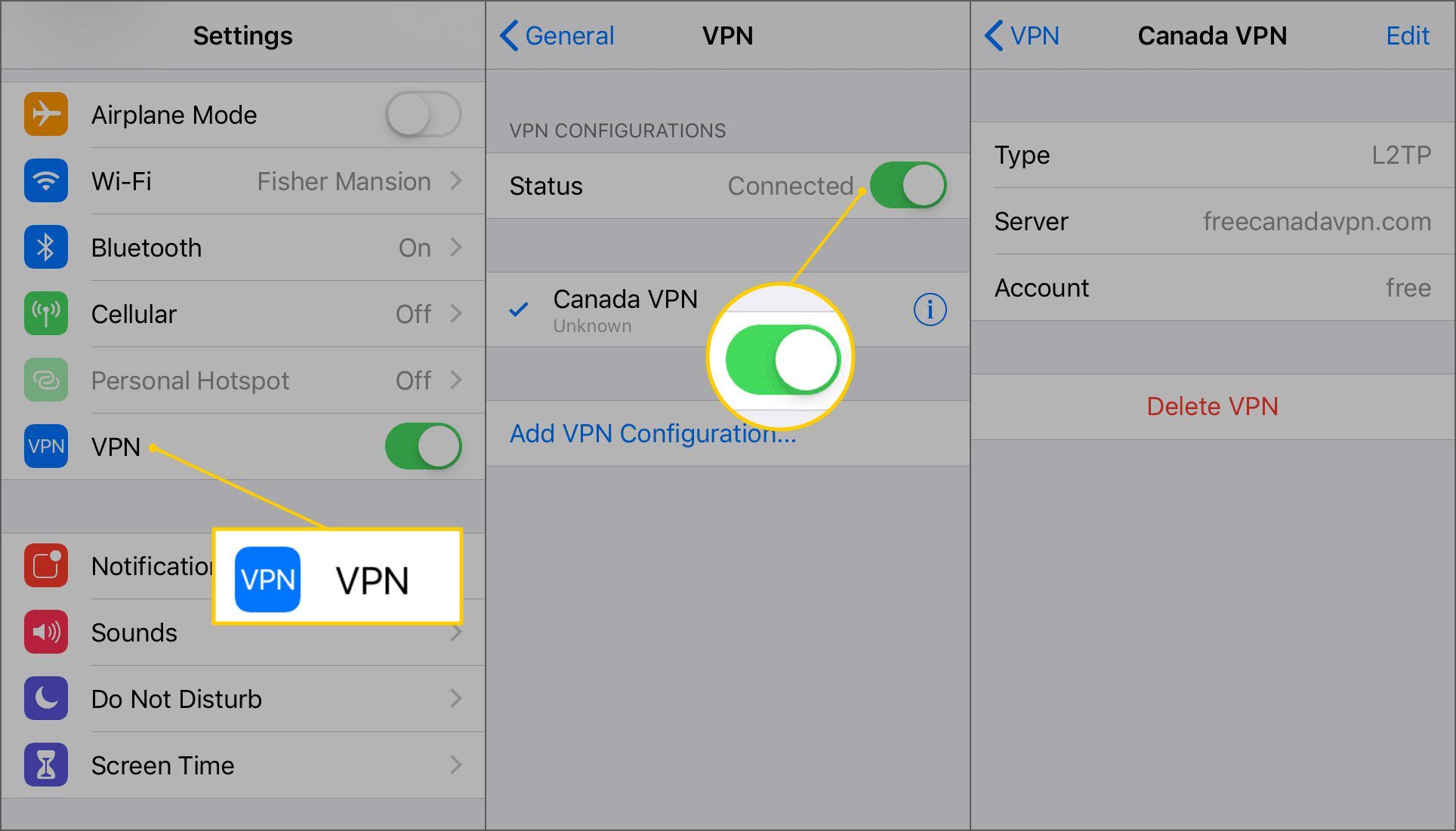 Параметры VPN в настройках iOS