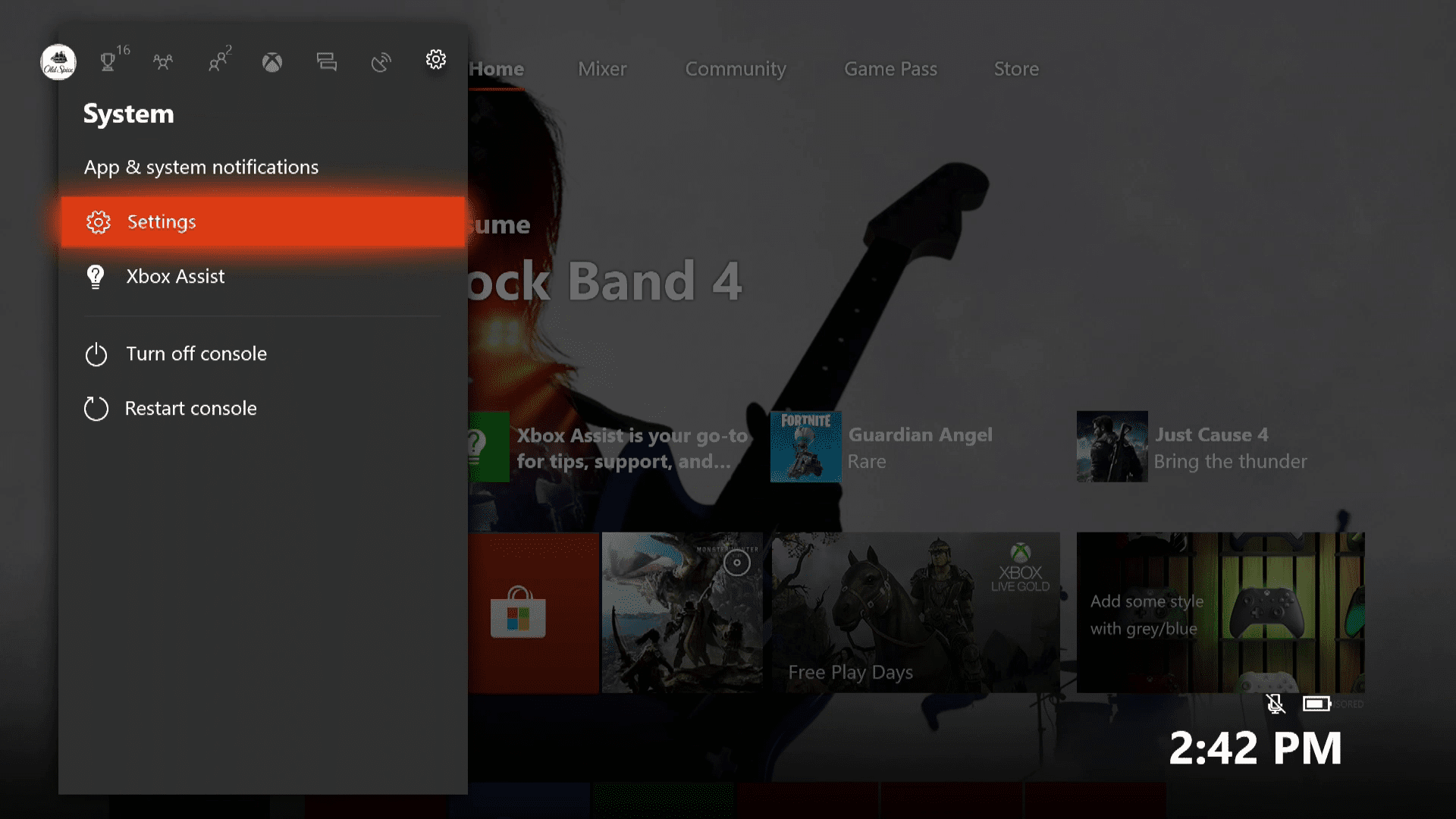 Снимок экрана системного меню Xbox One.