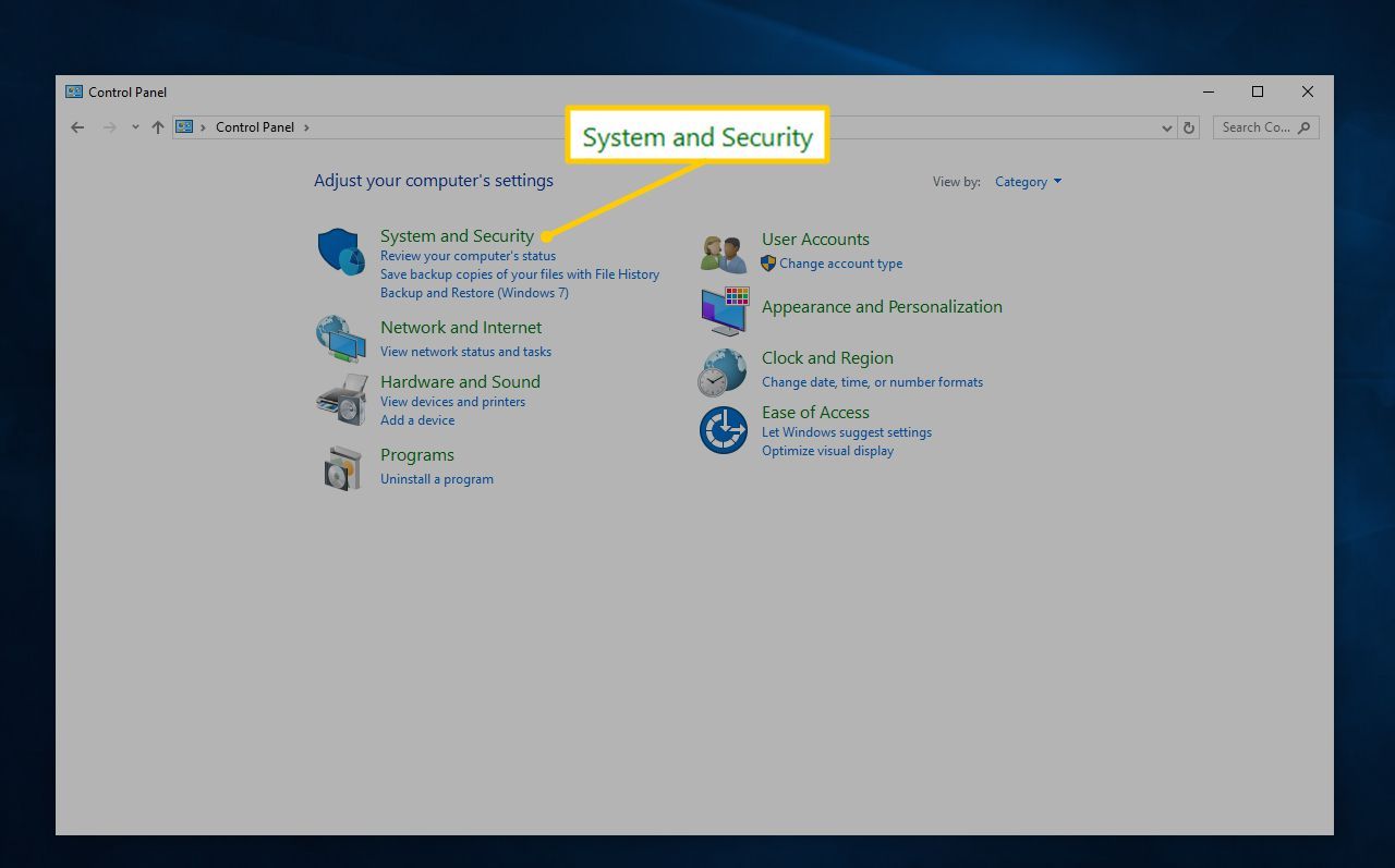 Значок системы и безопасности на панели управления для Windows 10