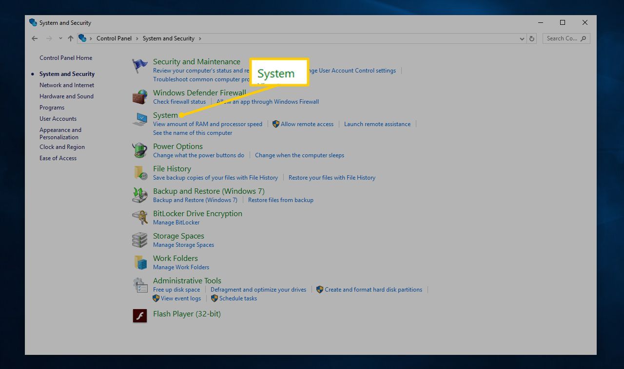 Системная ссылка в Панели управления «Система и безопасность для Windows 10»