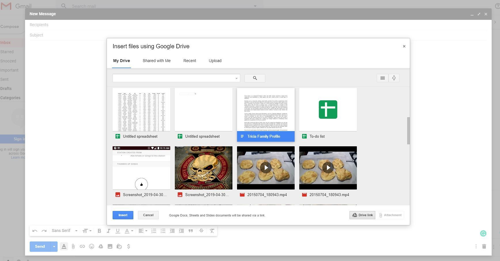 Снимок экрана: вставка файлов с помощью Google Диска
