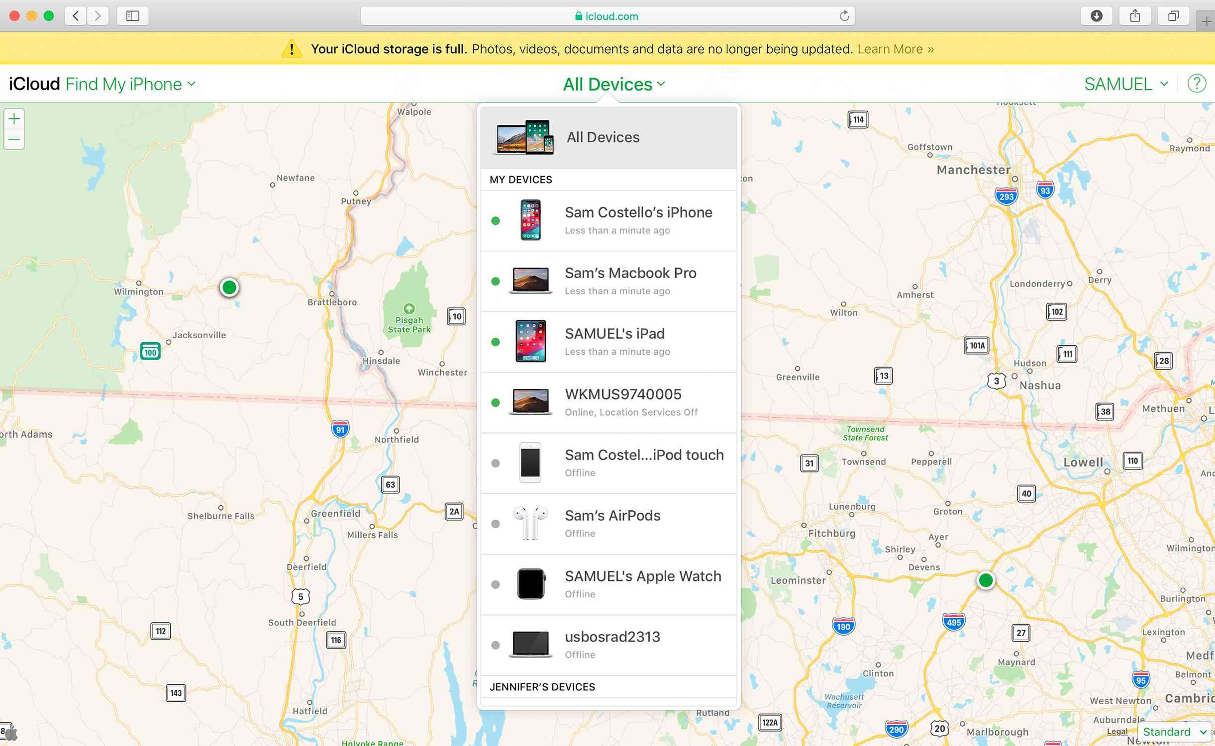 Снимок экрана выбора устройства в Find My iPhone