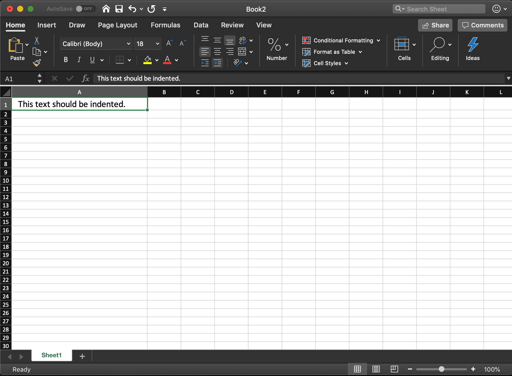 снимок экрана с отступом в Excel для macOS