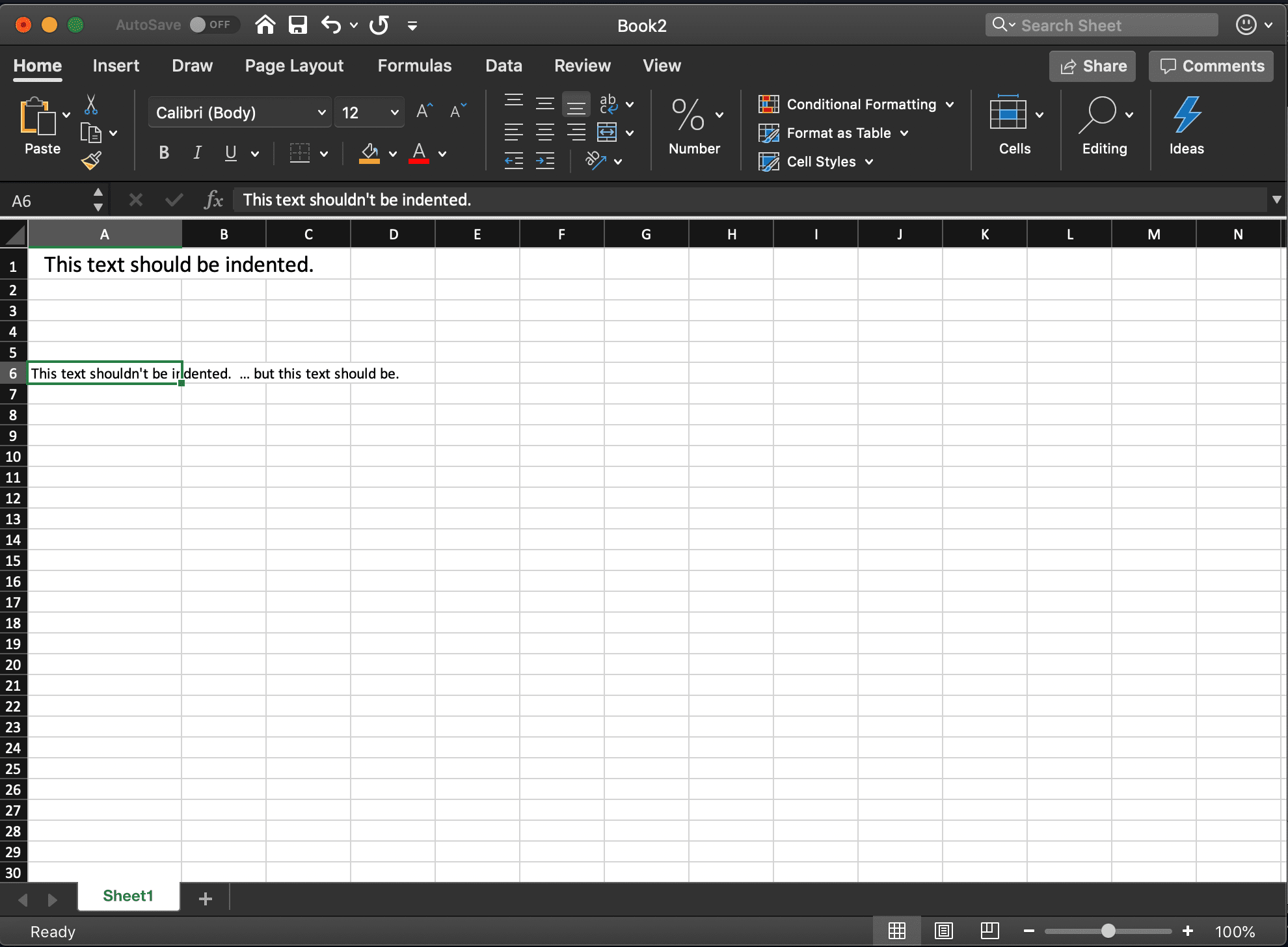 снимок экрана с текстом, перекрывающим несколько ячеек в Excel для macOS