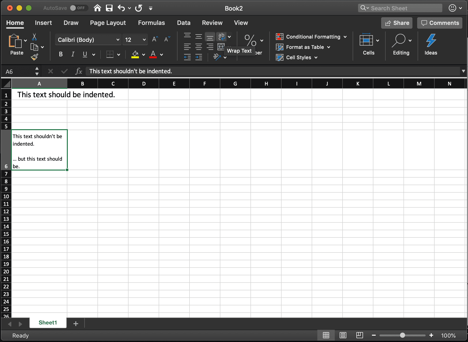 снимок экрана обернутого текста в Excel для macOS