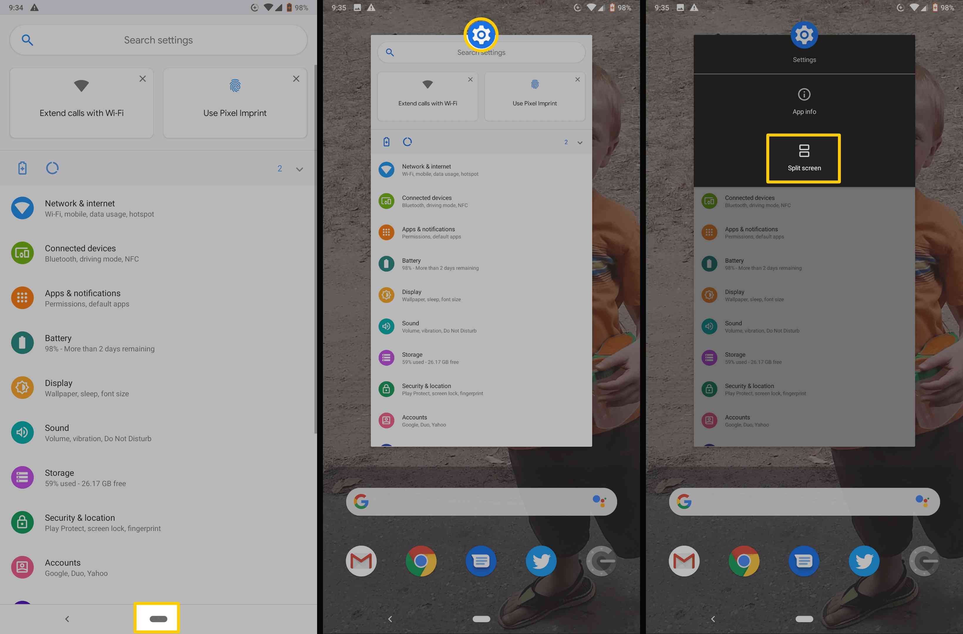 Скриншоты, показывающие, как добраться до опции «Разделить экран» на складе Android.