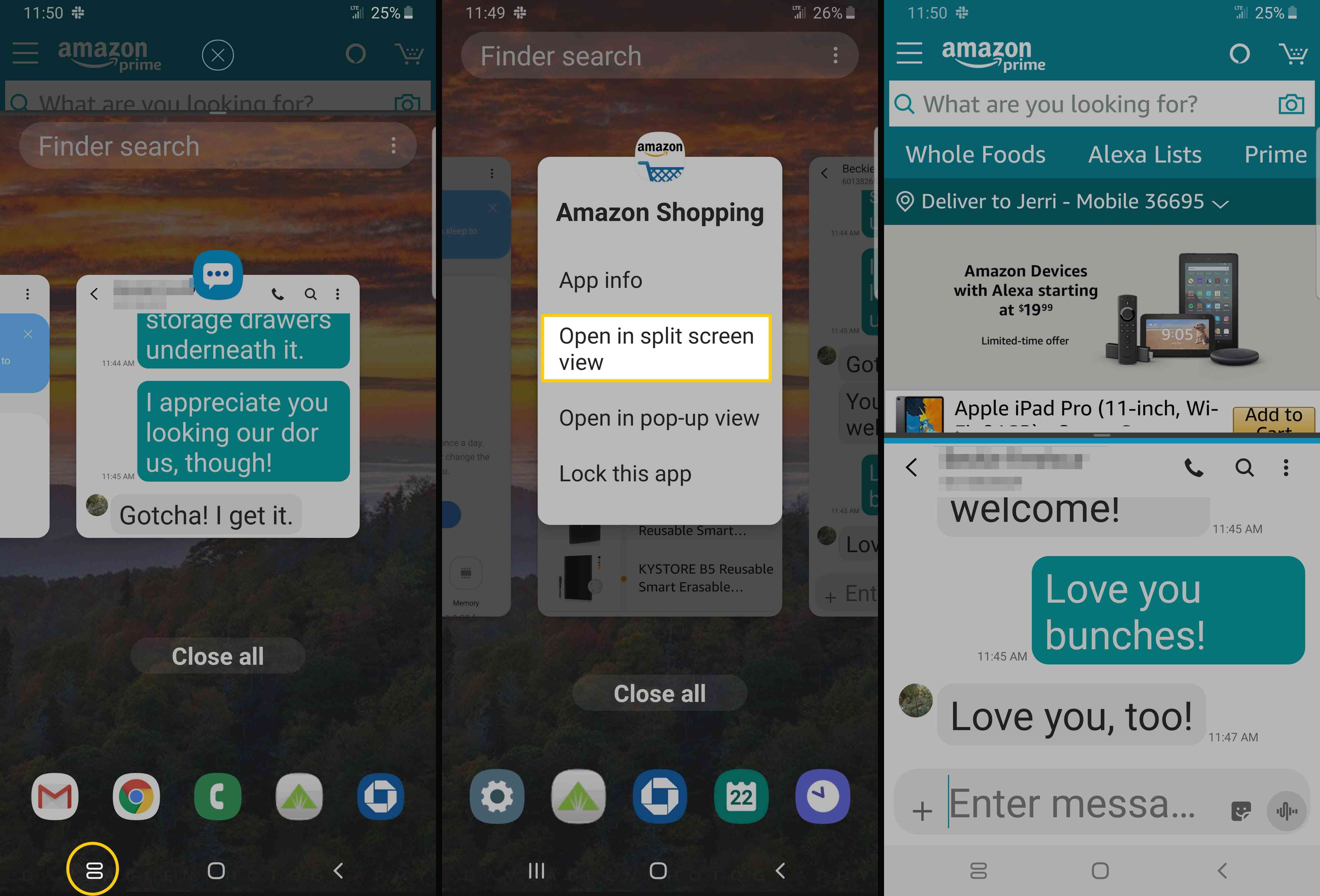 Снимки экрана, показывающие, как использовать режим разделенного экрана на Samsung Android.
