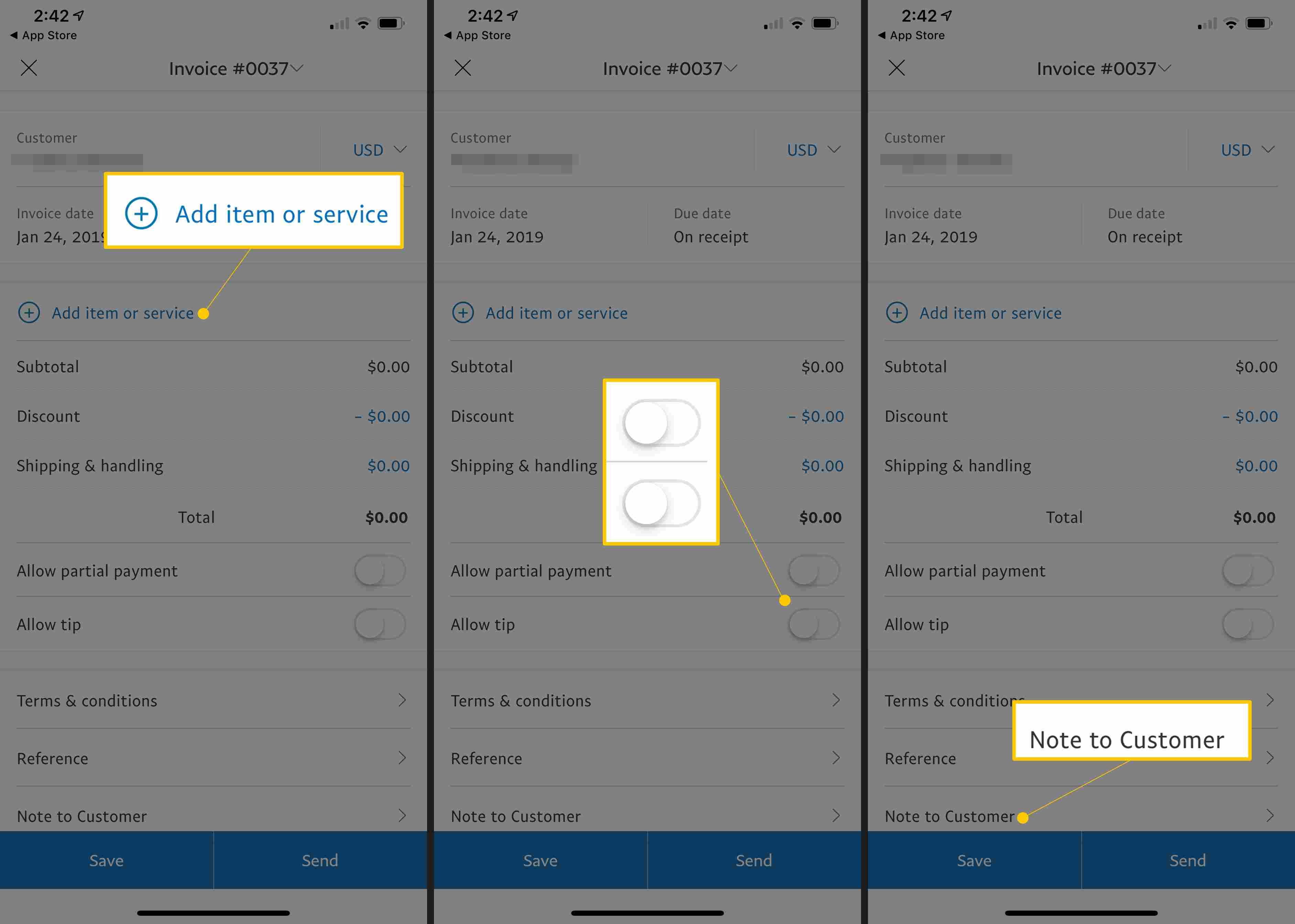 Три экрана iOS Paypal с надписью Добавить товар или услугу, частичная оплата и переключение чаевых, и Примечание для клиента
