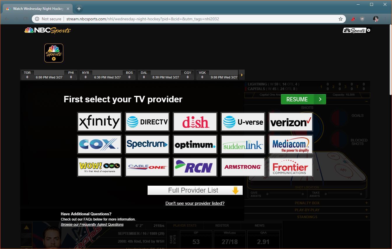 Скриншот страницы выбора провайдера NBC Sports TV.
