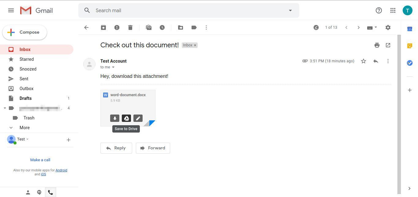 Снимок экрана: сохранение вложения в Gmail на диске