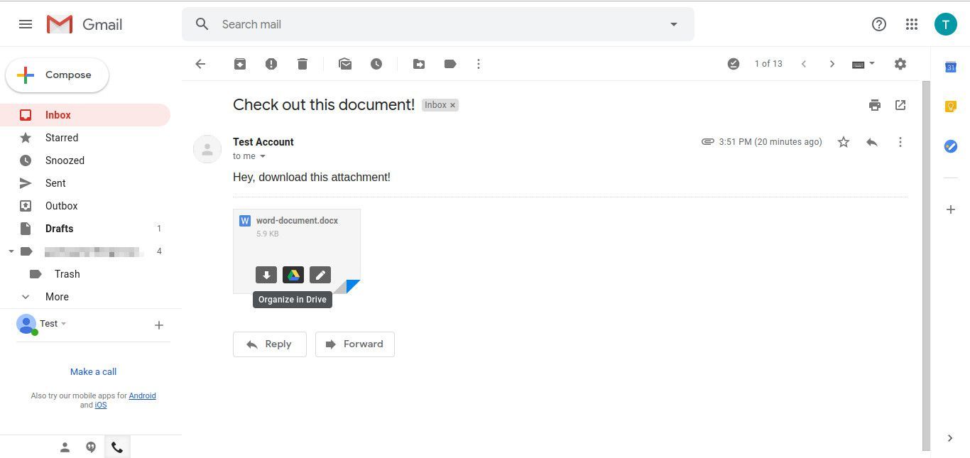 Снимок экрана организации Gmail вложения в Drive