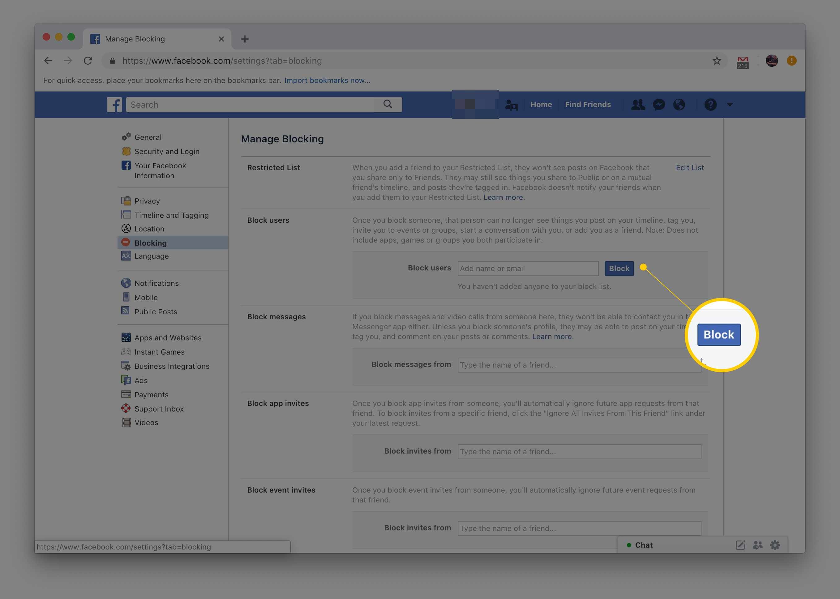Кнопка блокировки пользователей в Facebook's Manage Blocking Settings page