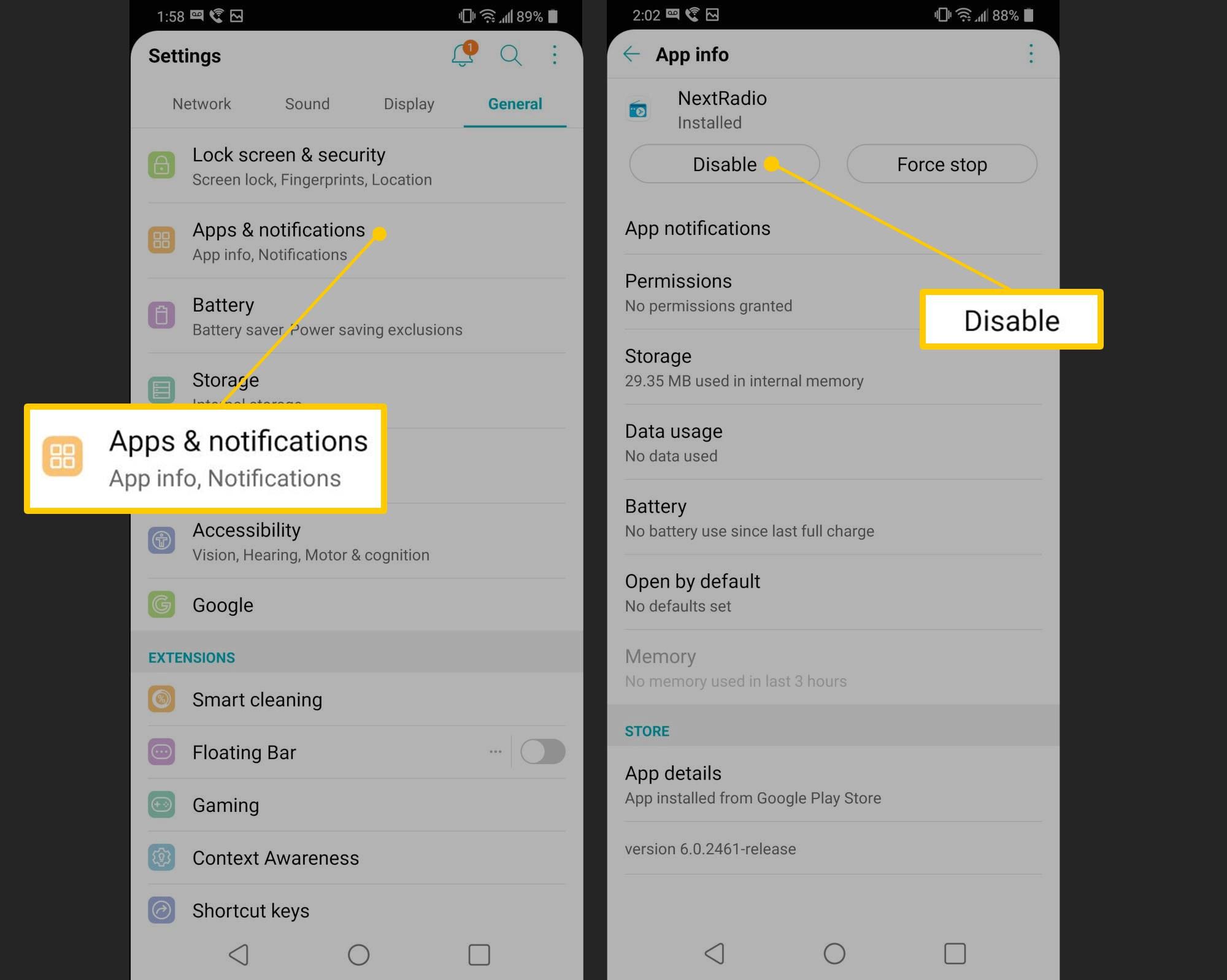 Приложения и уведомления, Отключить кнопки в настройках Android