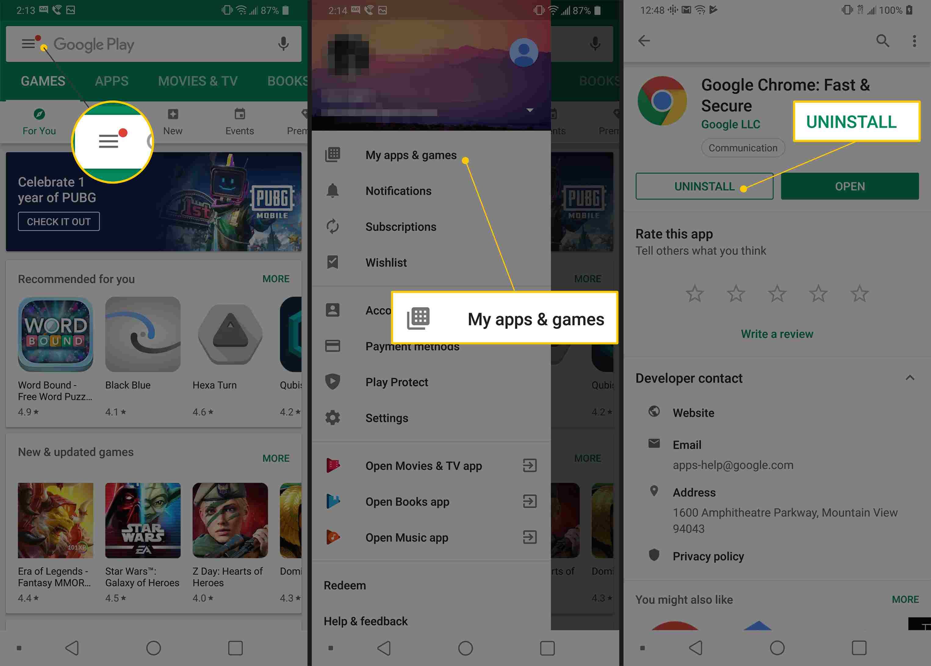 Меню, Мои приложения и игры и кнопки удаления в Google Play