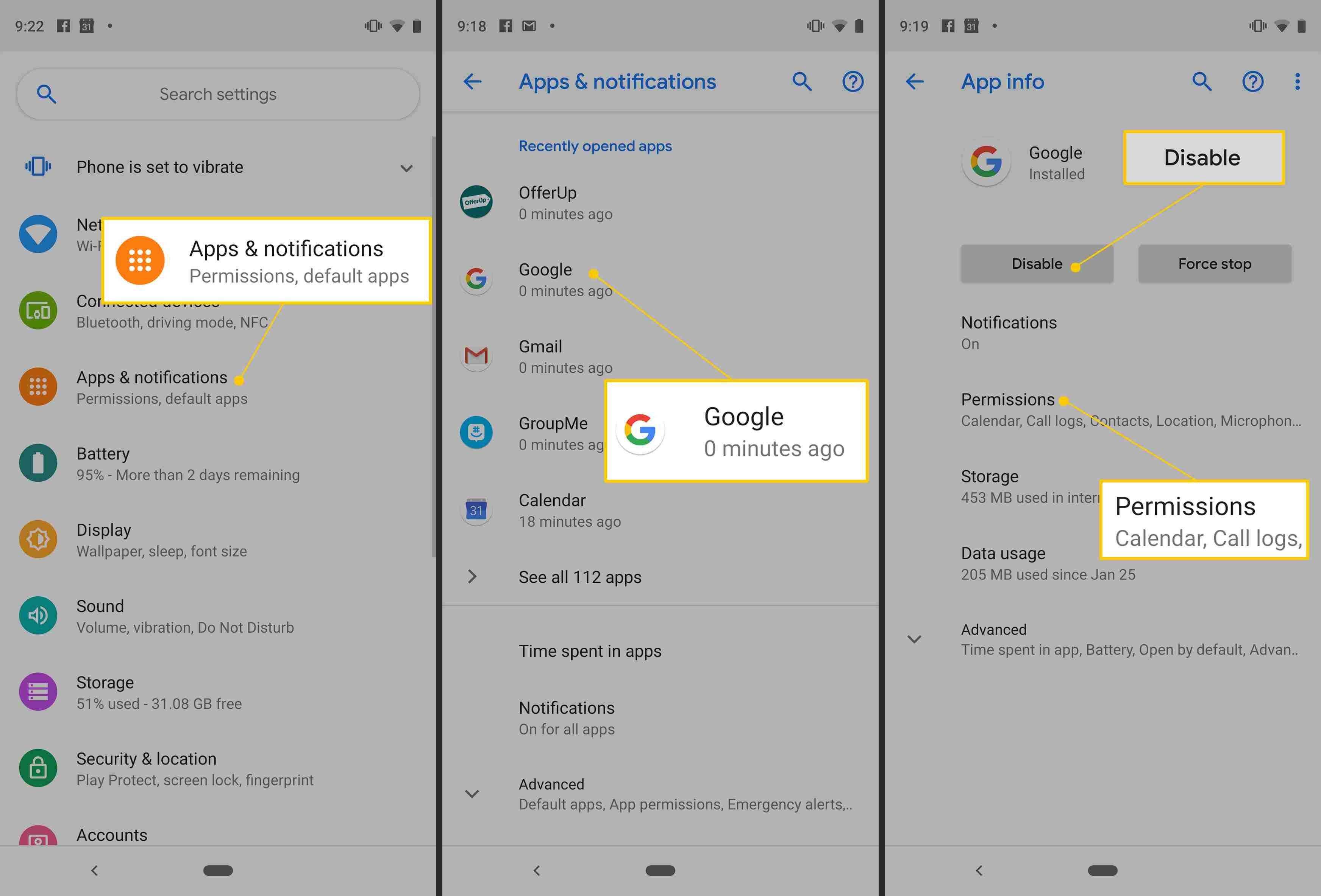 Кнопки «Приложения и уведомления», «Google», «Отключить» и «Разрешения» в настройках Android