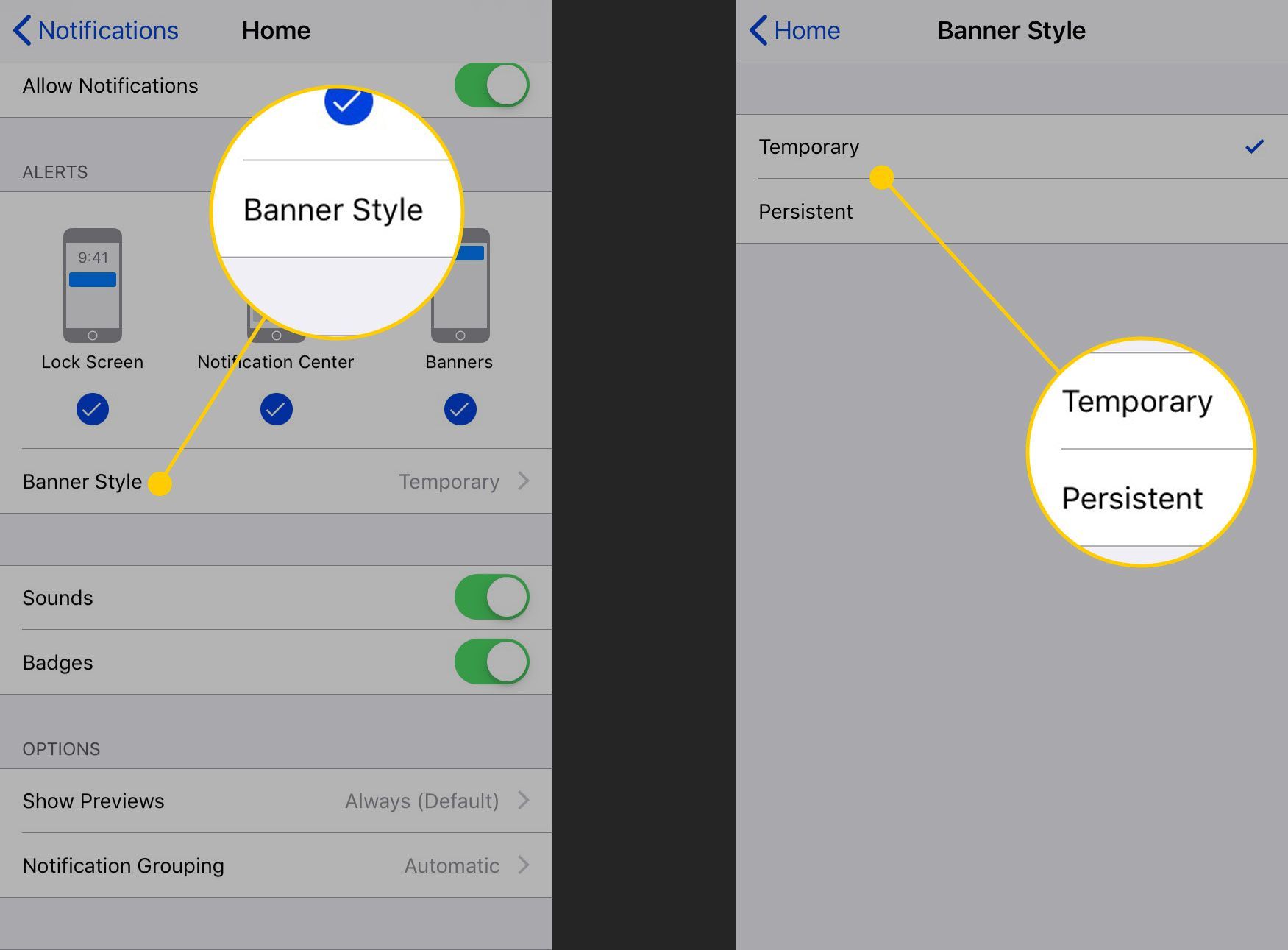 Настройка стиля баннера и параметры на iPhone