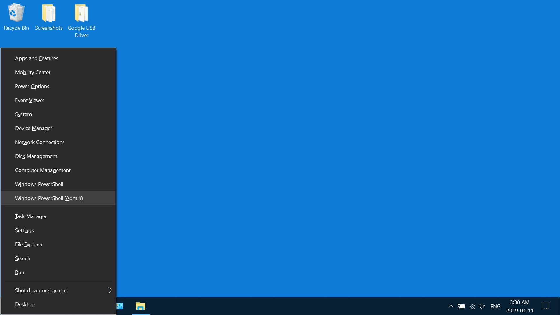 Нажмите клавишу Windows + X на клавиатуре, затем выберите Windows PowerShell (Admin).