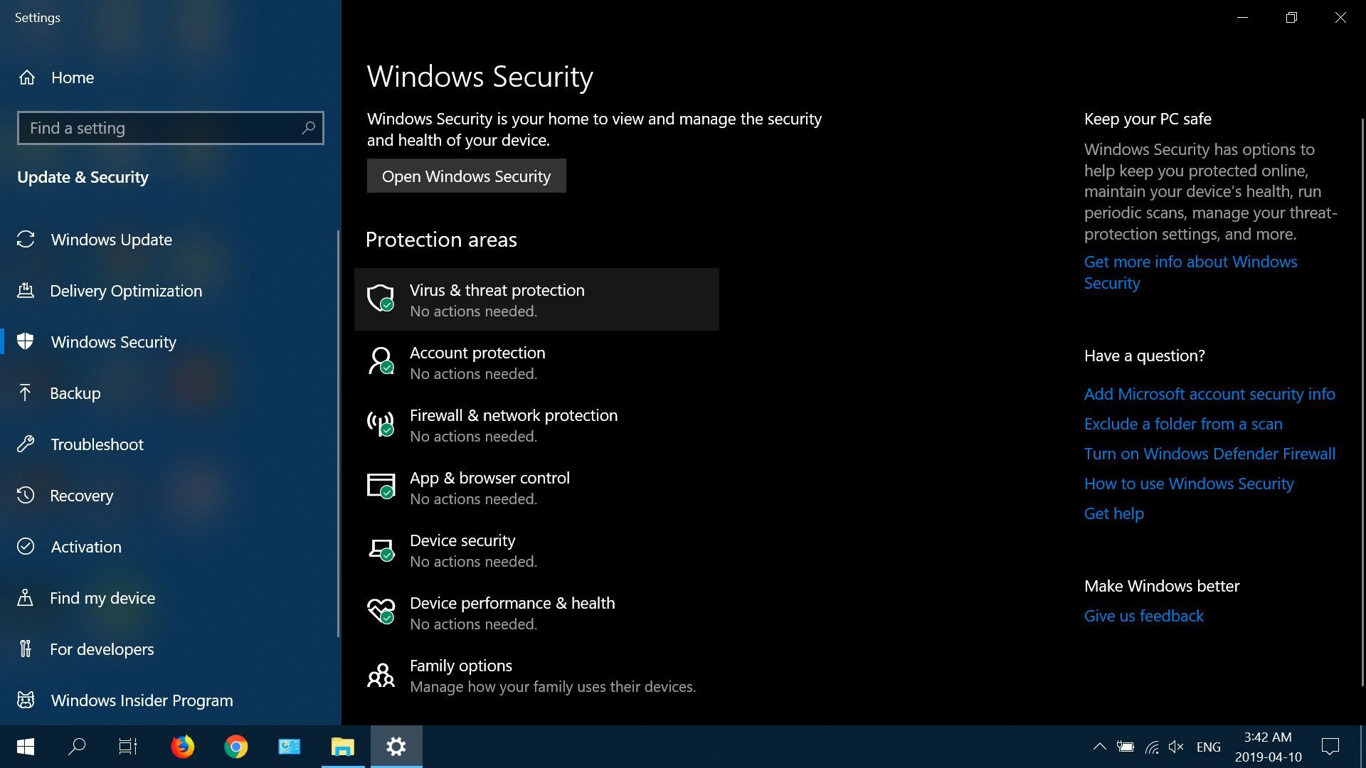 Выберите Защита от вирусов и угроз в параметрах безопасности Windows для Windows 10.