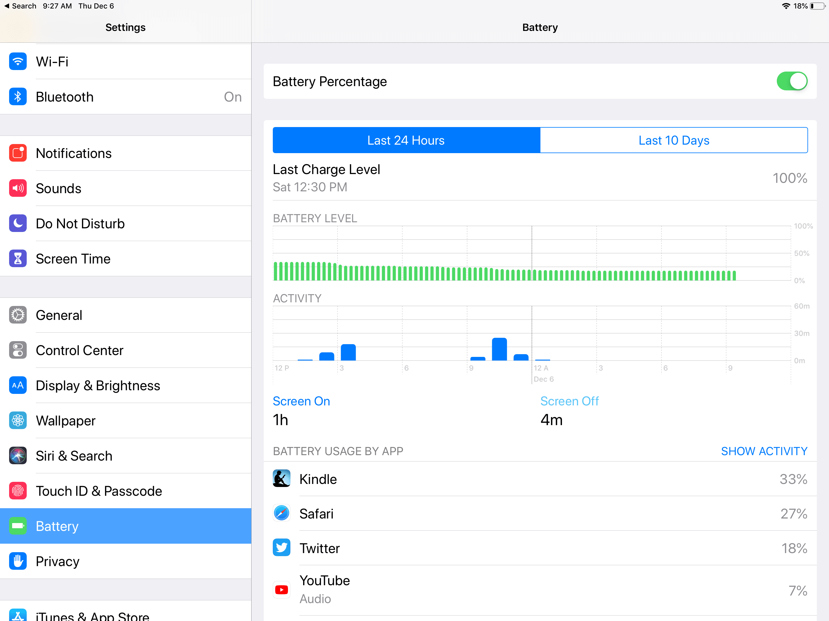 Скриншот использования батареи на iPad