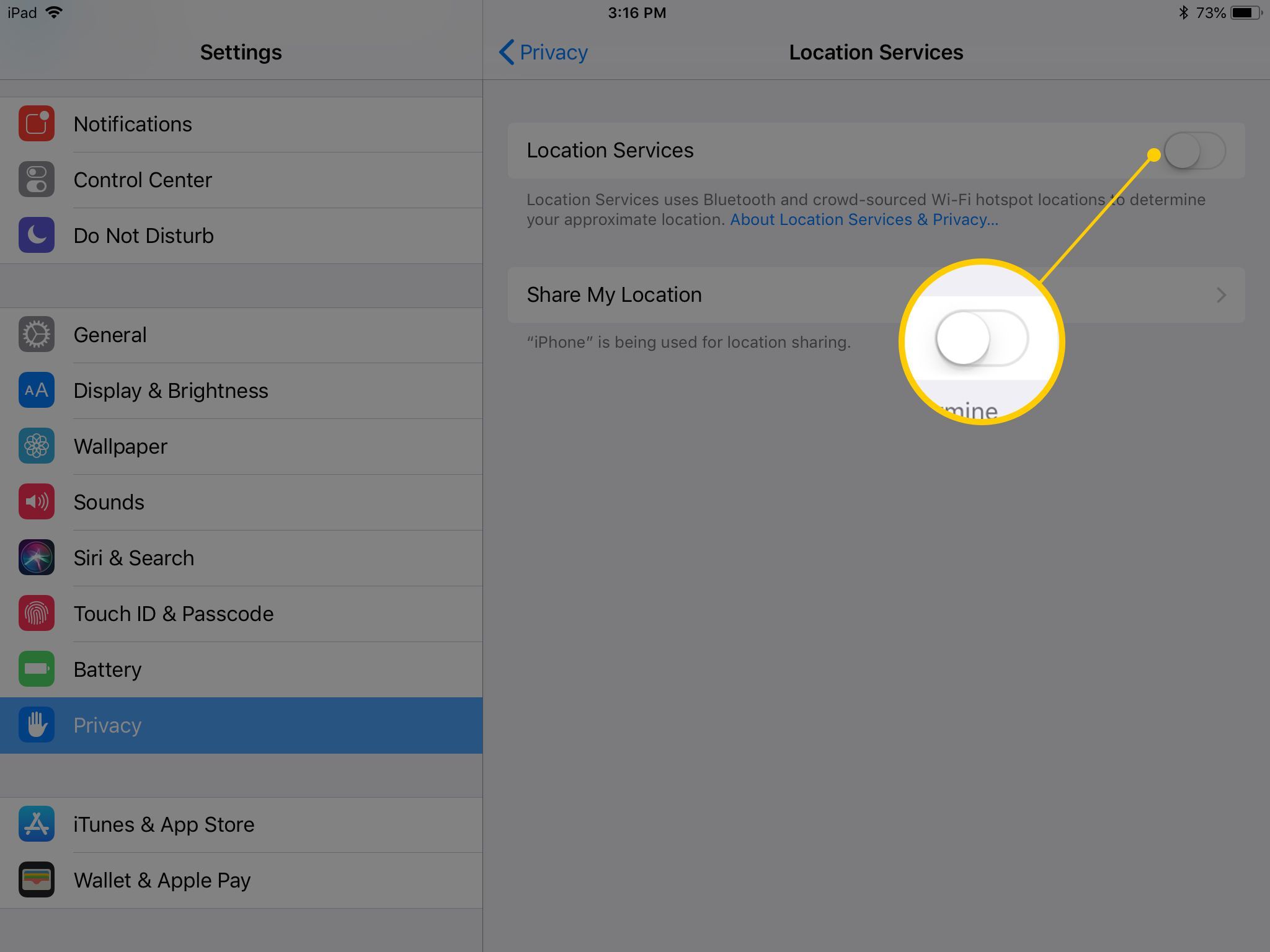 Экран служб определения местоположения в приложении «Настройки iOS» на iPad