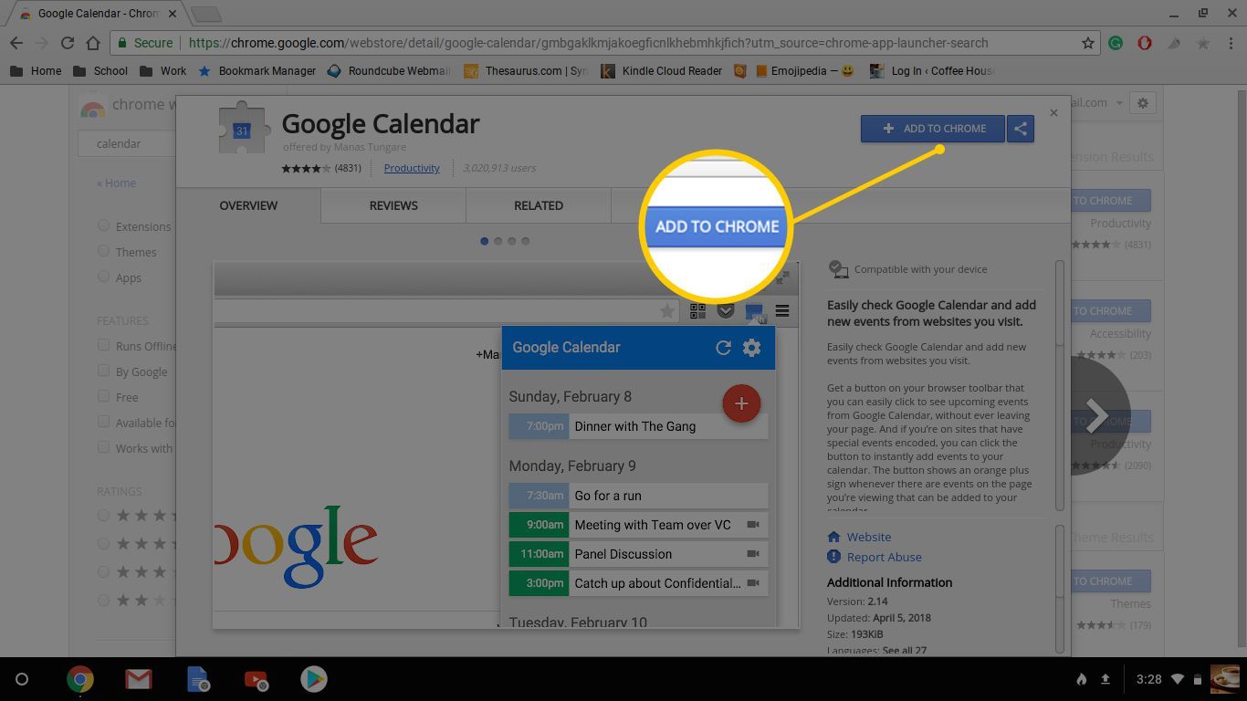 Кнопка «Добавить в Chrome» в интернет-магазине Chrome на Chromebook