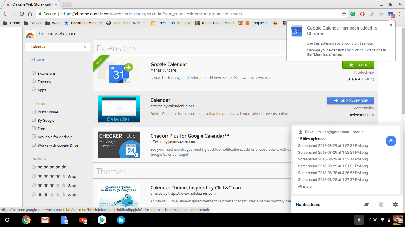 Веб-браузер Chrome с диалоговым окном, в котором говорится, что Календарь Google был добавлен в Chrome