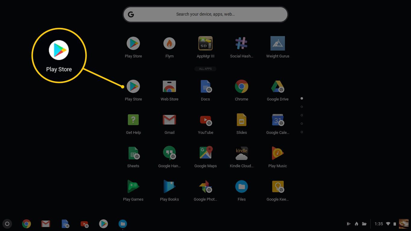 Значок Play Store на экране дополнительных приложений Chromebook