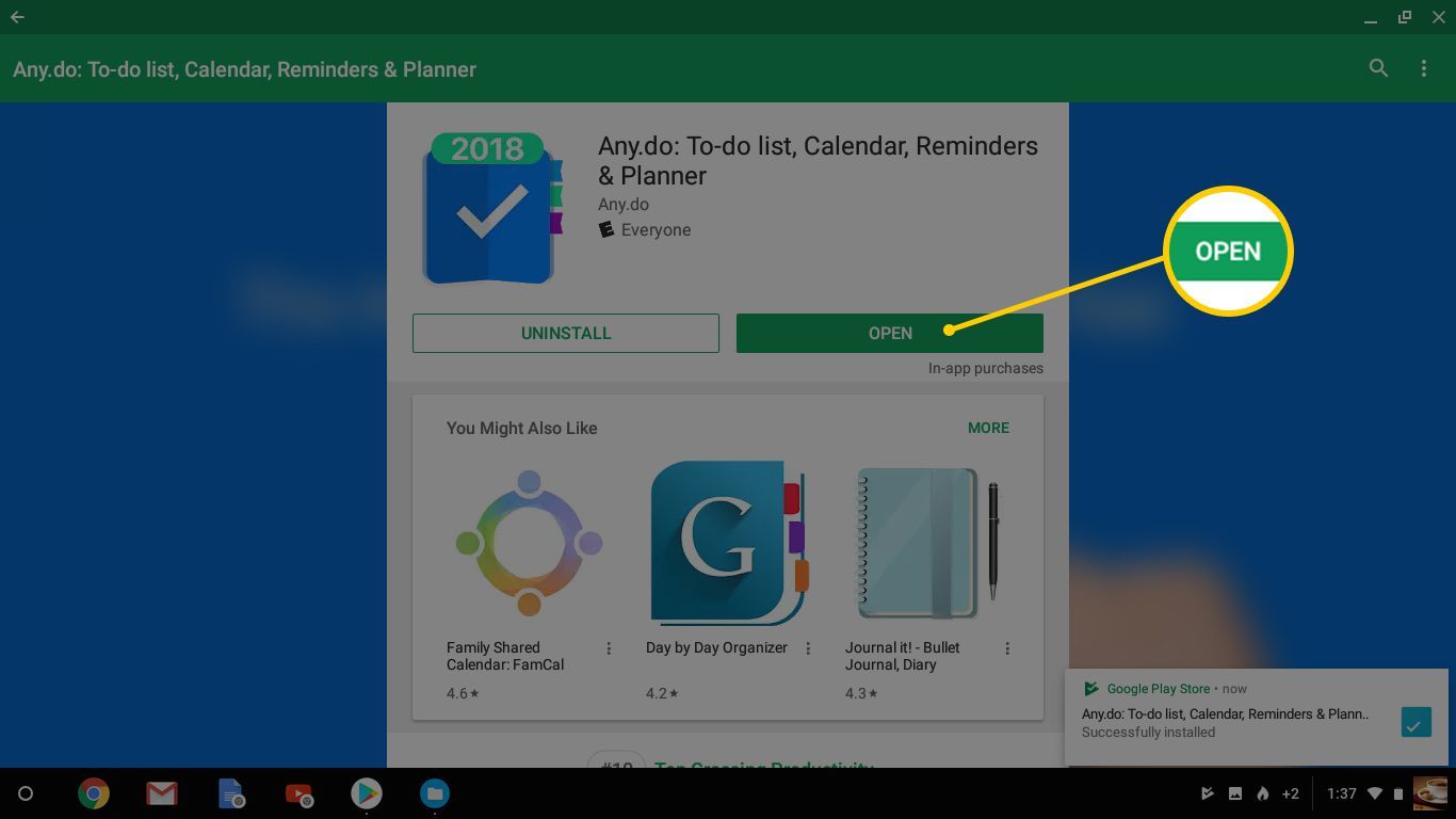Кнопка «Открыть» для недавно установленного приложения календаря Any.do на Chromebook