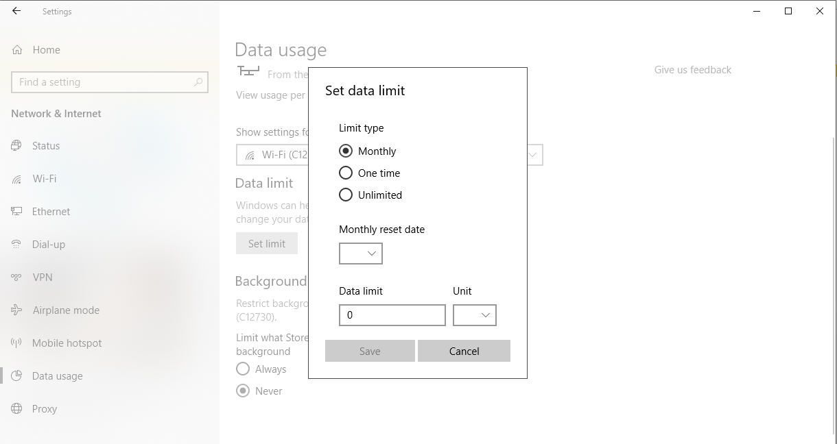 Снимок экрана интерфейса ограничения данных Windows 10 Set