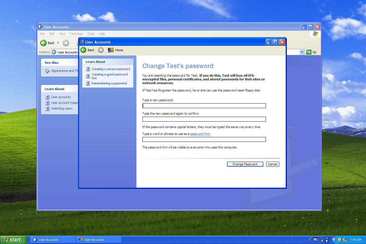Экран изменения пароля пользователя в Windows XP