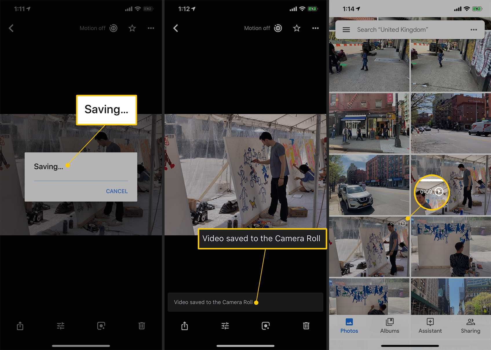 Сохранение, Видео сохраненное сообщение и значок видео в Google Фото для iOS