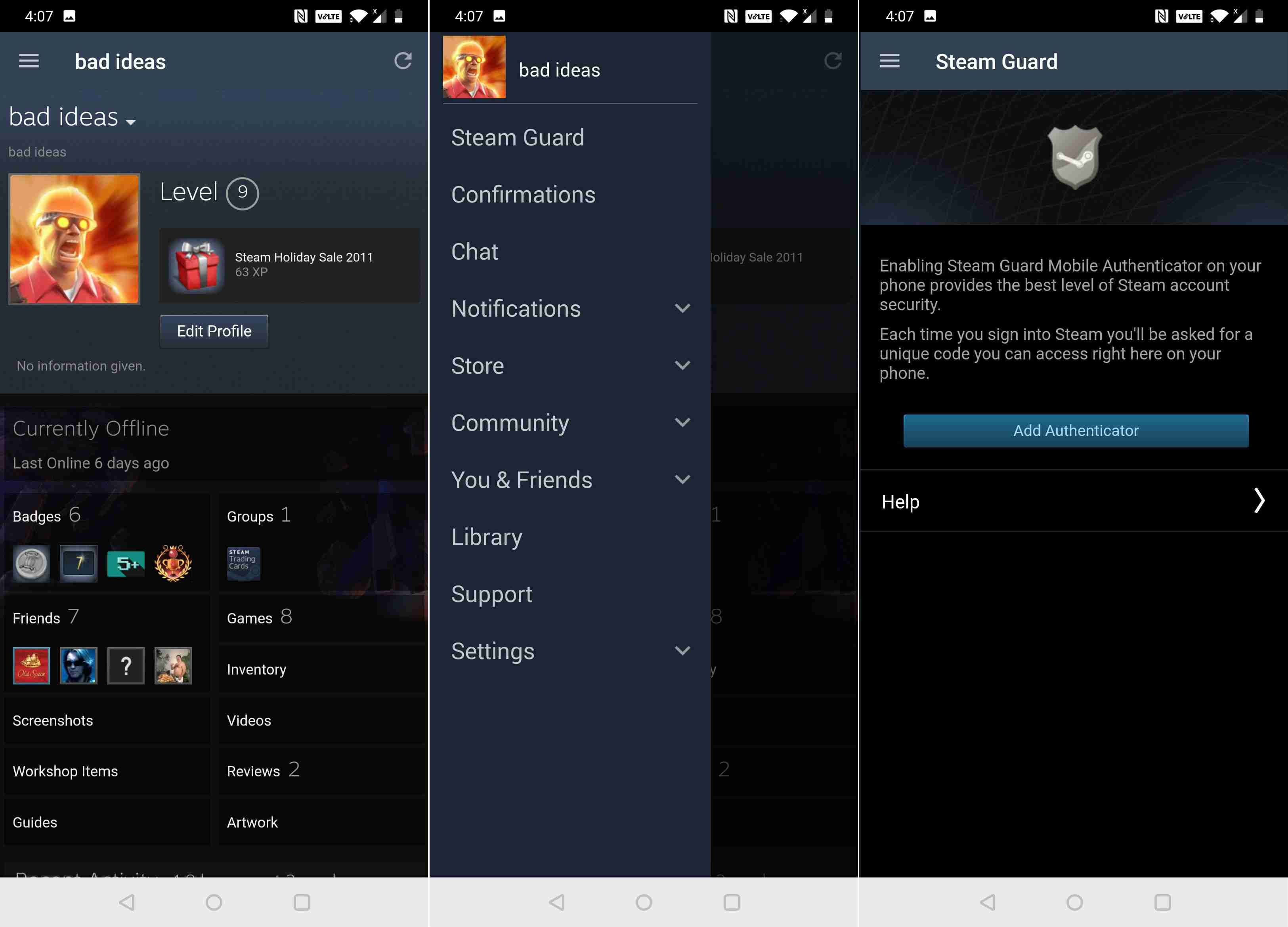 Скриншоты процесса установки мобильного аутентификатора Steam Guard.