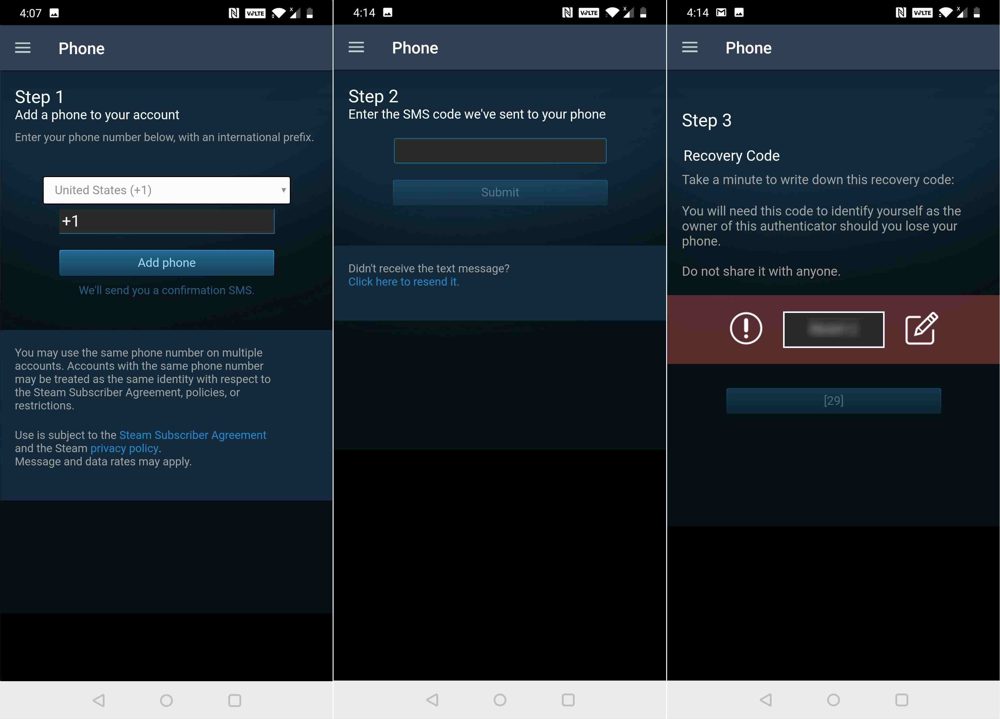 Скриншоты процесса установки мобильного аутентификатора Steam.