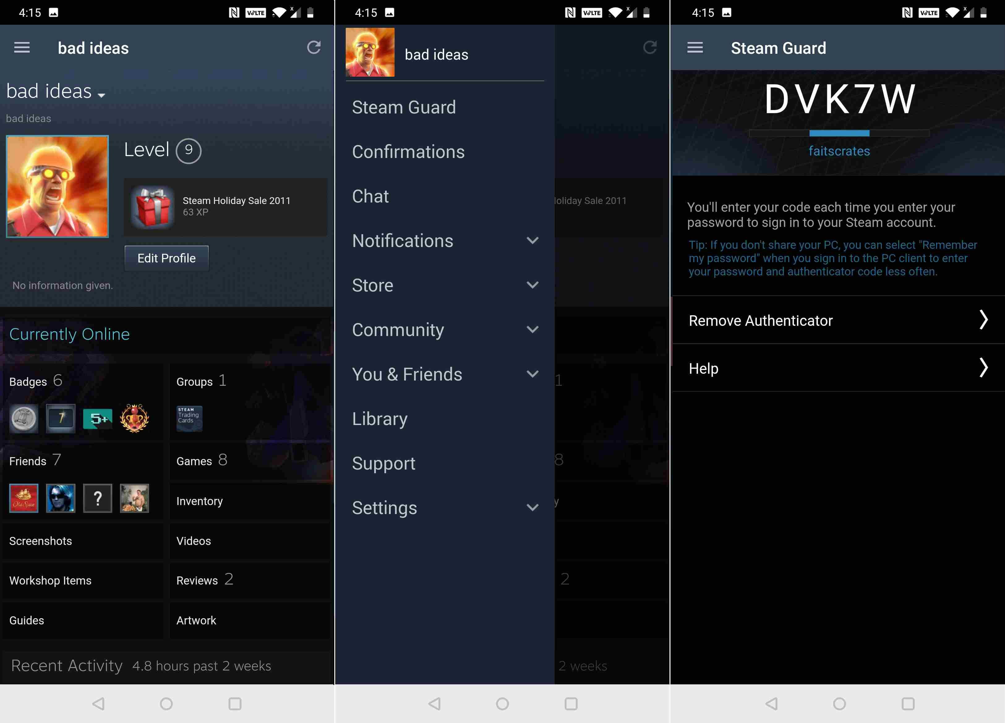 Скриншоты, показывающие, как использовать мобильный аутентификатор Steam.