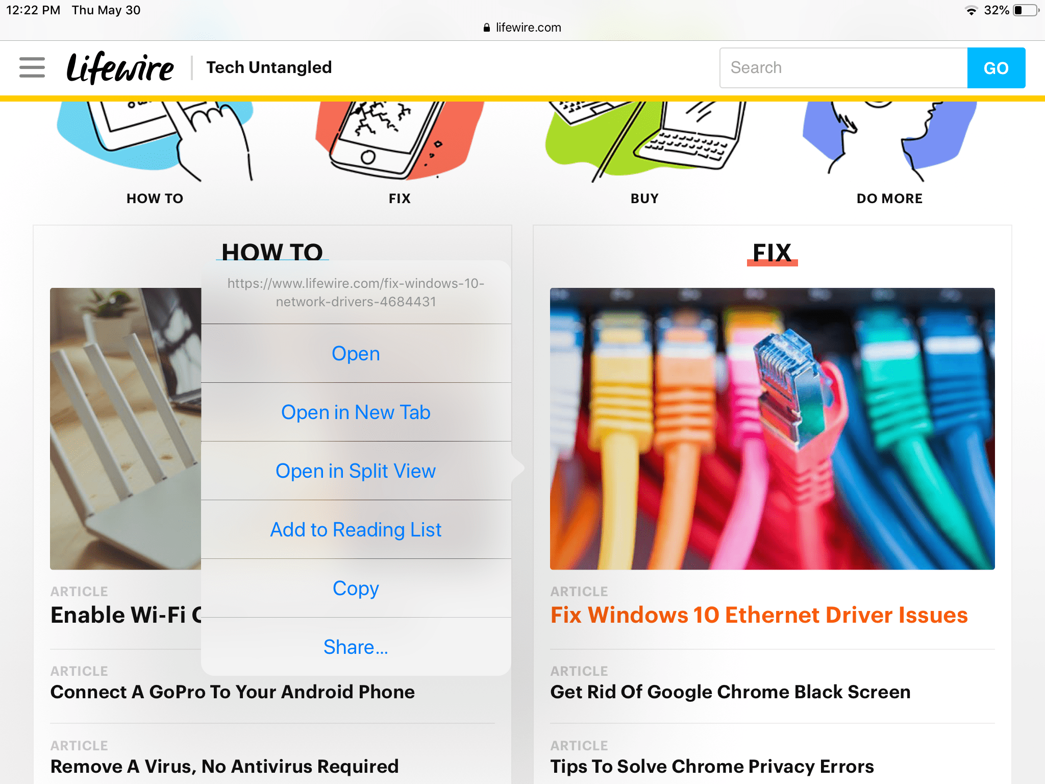 снимок экрана с меню ссылок Safari на iPad