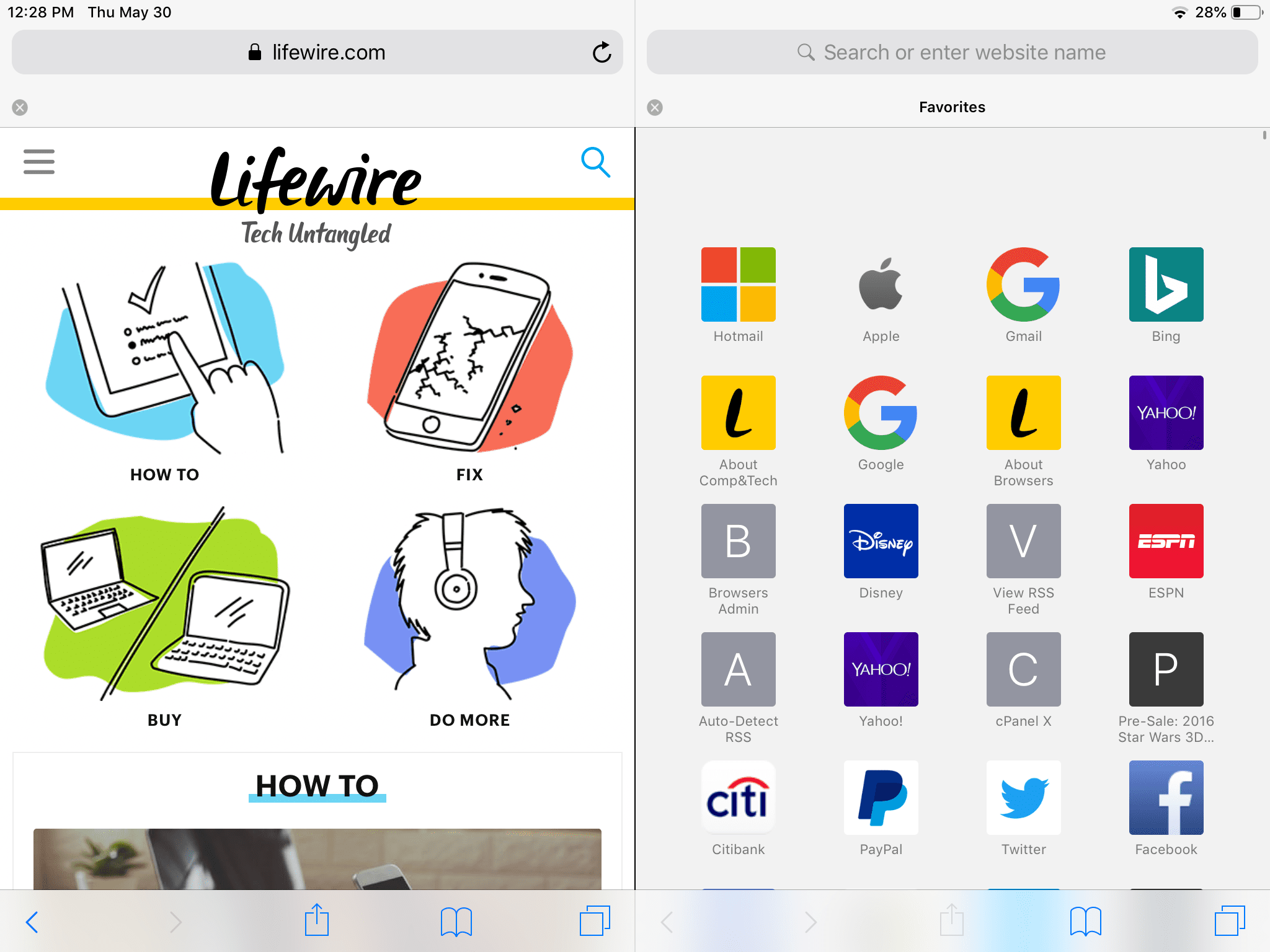 снимок экрана с режимом разделенного просмотра Safari на iPad