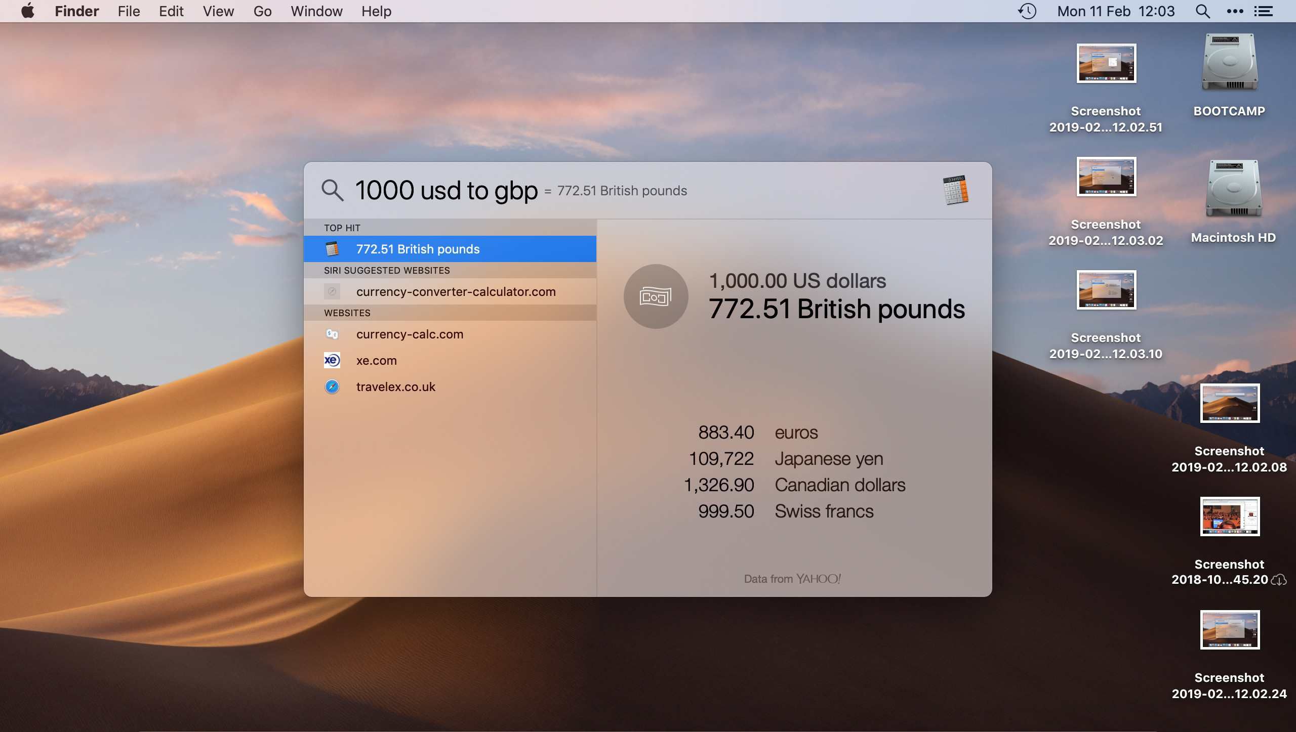 Конвертация валюты через Mac OS Spotlight