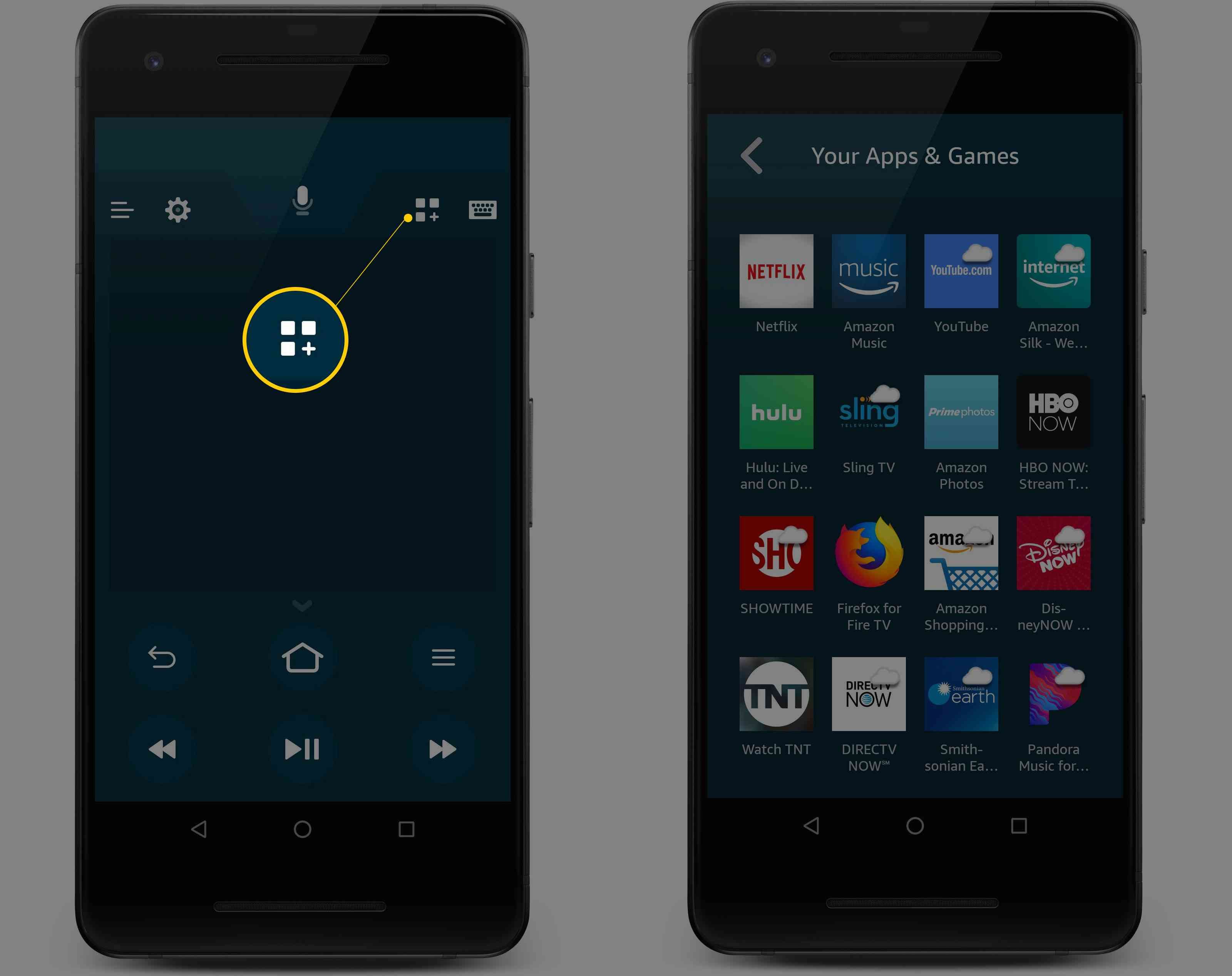 Контекстное меню приложений и игр в приложении Amazon Fire на телефоне Android