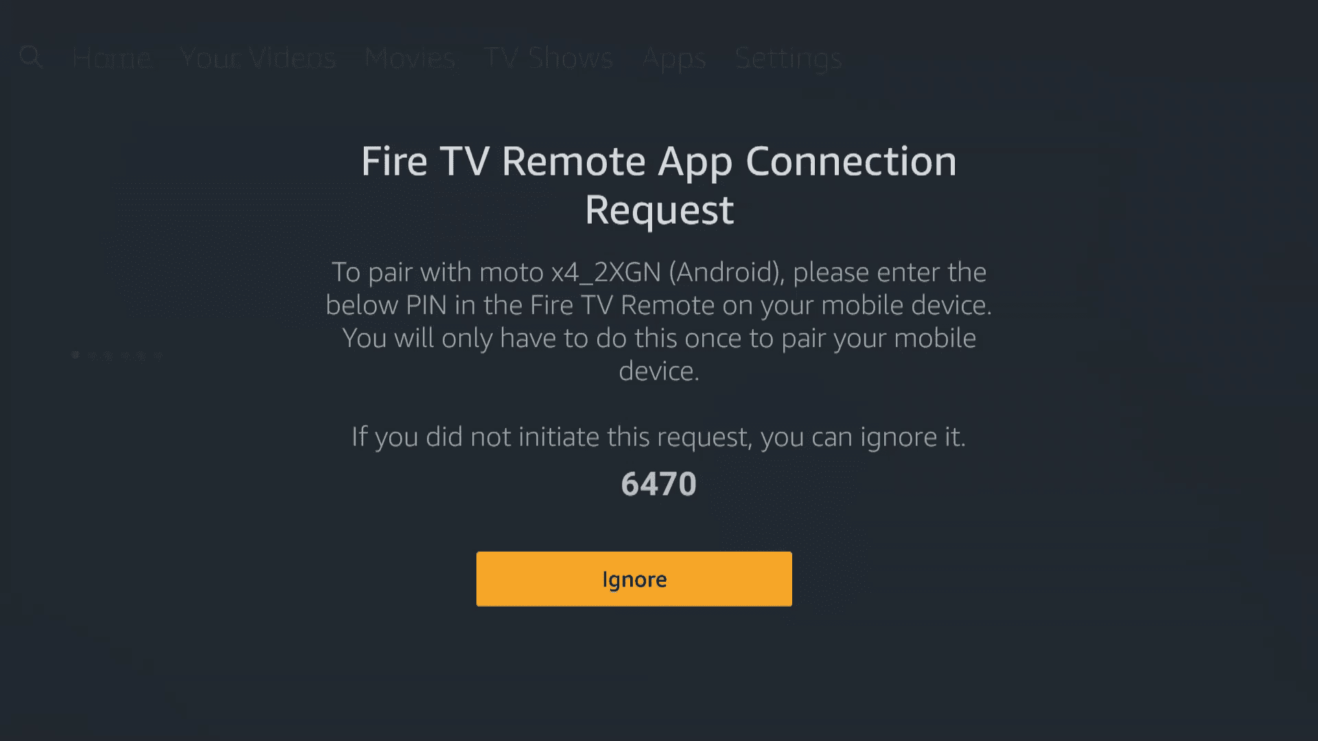 Скриншот PIN-кода подключения устройства Fire TV.
