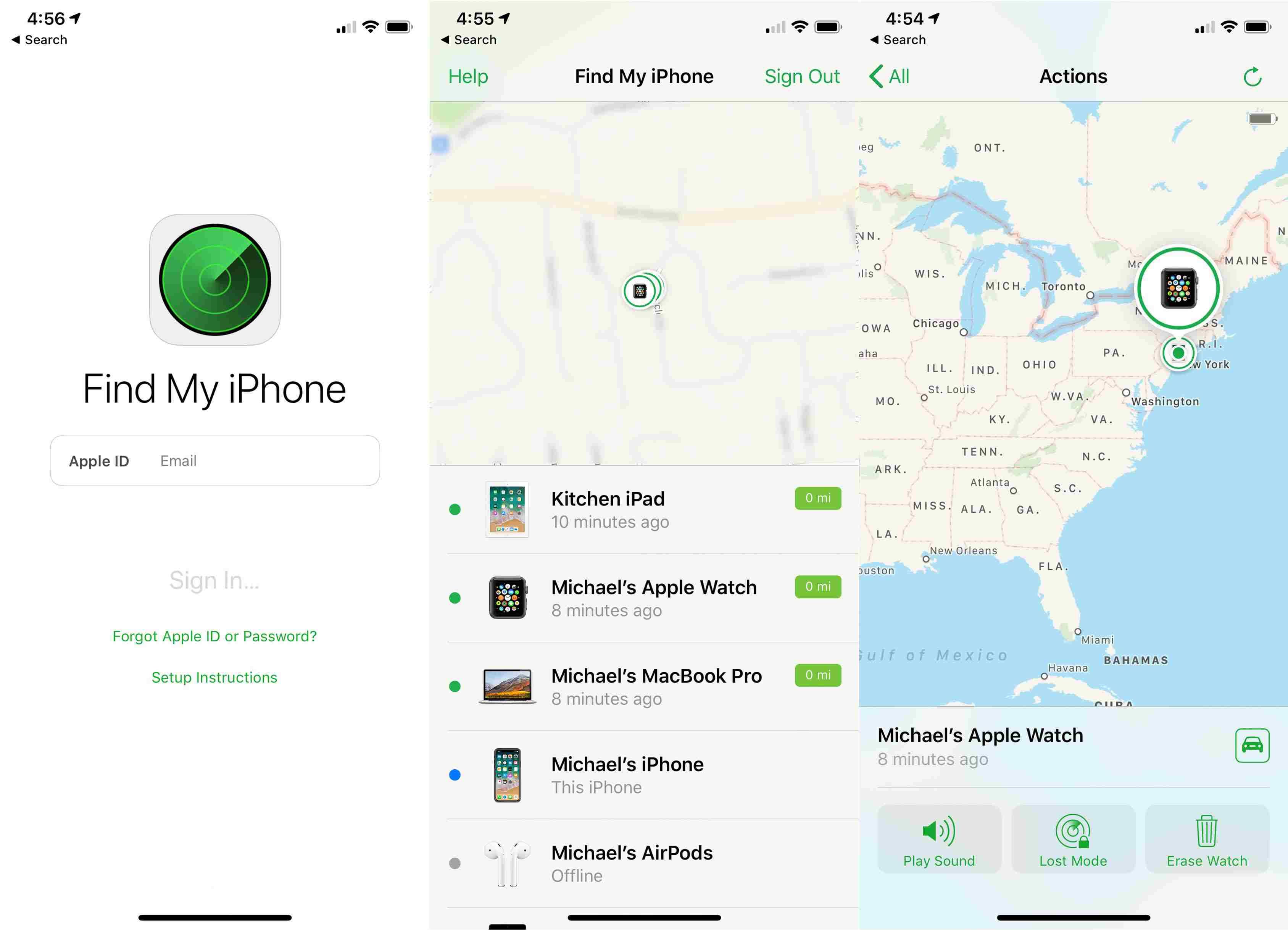 Снимки экрана, показывающие, как получить доступ к Find My iPhone на устройствах iOS