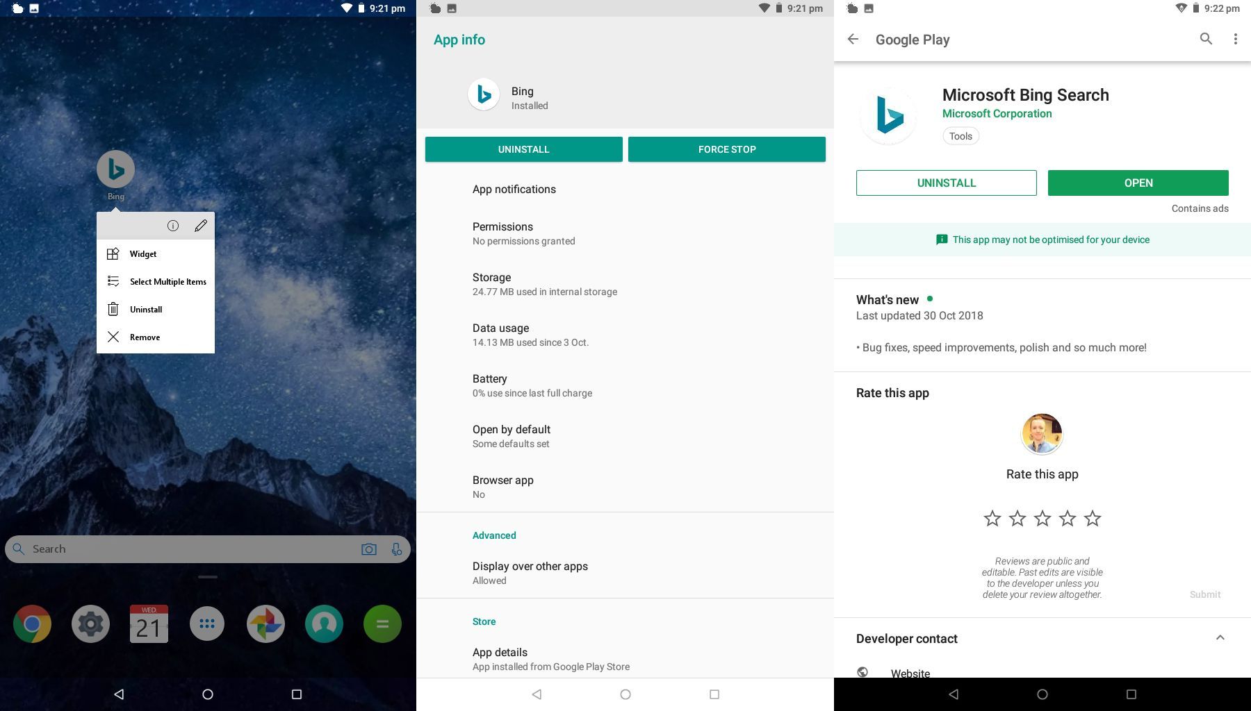Снимки экрана информационного экрана приложения Android и списка приложений Google Play.
