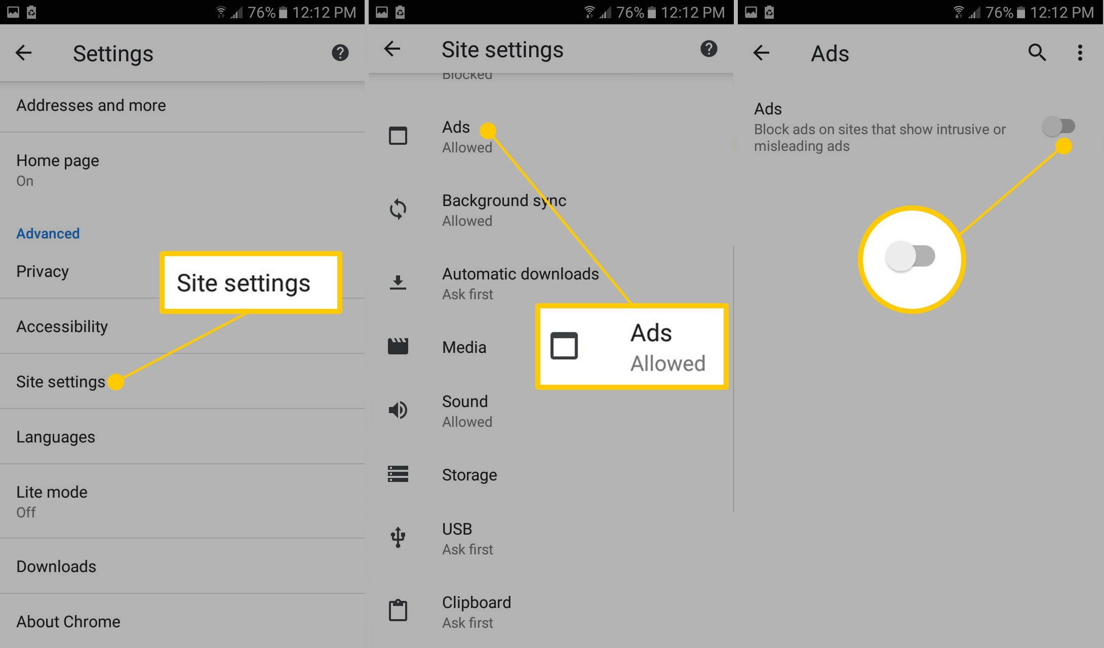 Настройки сайта, реклама, переключение рекламы в настройках Chrome на Android