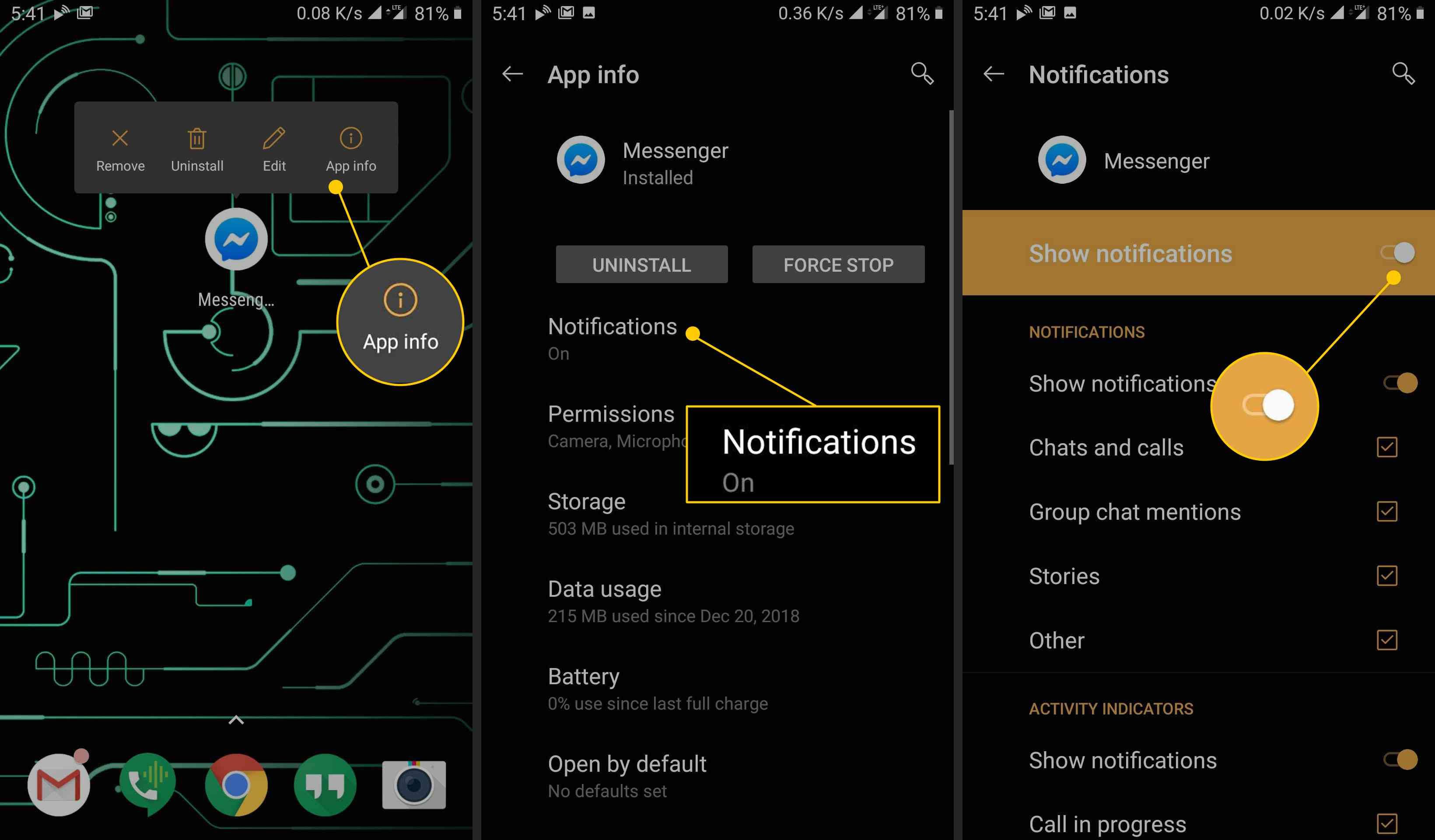 Кнопка «Информация о приложении», кнопка «Уведомления» и переключатель «Показать уведомления» на Android