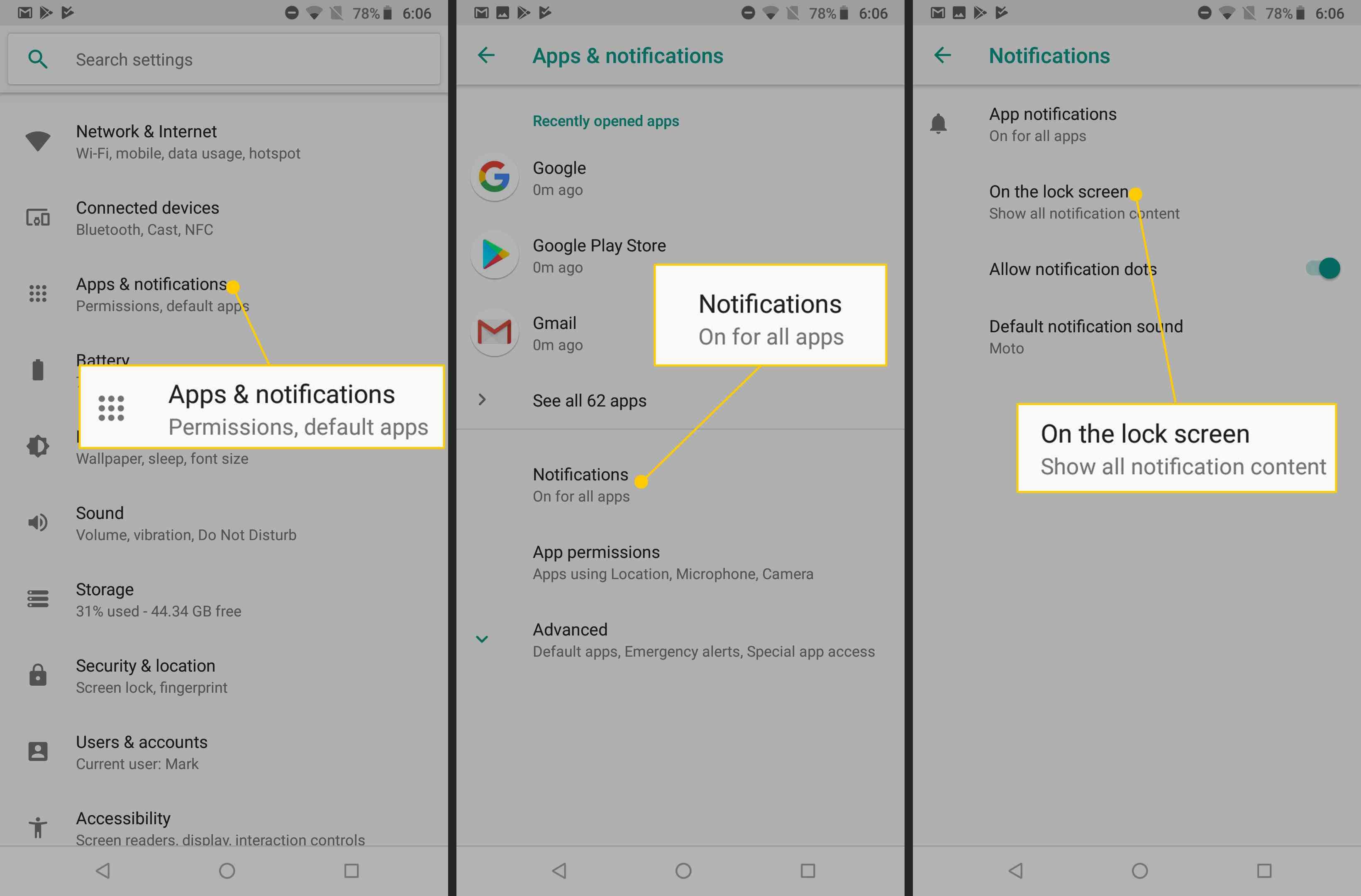 Приложения и уведомления, Уведомления, На экране блокировки кнопок на Android