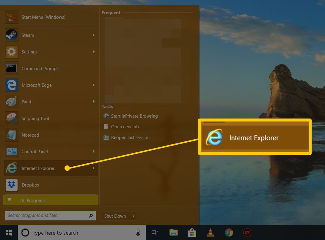 Кнопка Internet Explorer в меню «Пуск» Windows 10