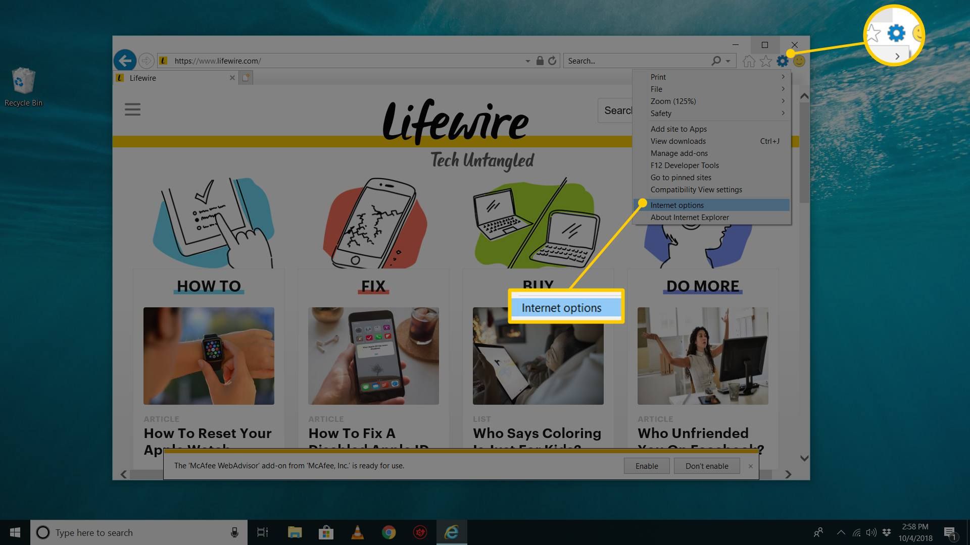 Кнопка «Инструменты» и пункт меню «Свойства обозревателя» в Windows 10 Internet Explorer