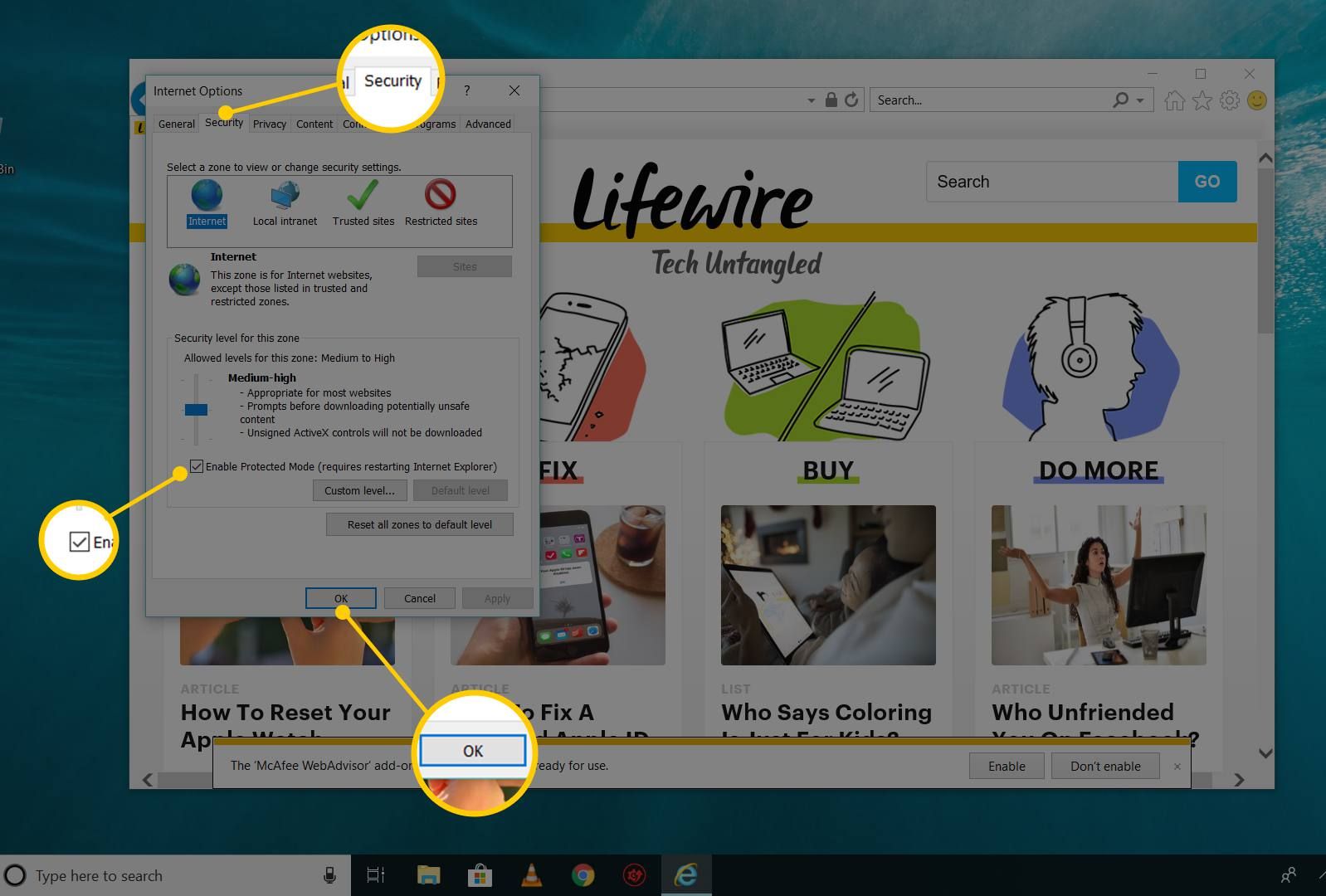 Вкладка «Безопасность», кнопка «Включить защищенный режим» и кнопка «ОК» в окне «Свойства браузера Internet Explorer 10»