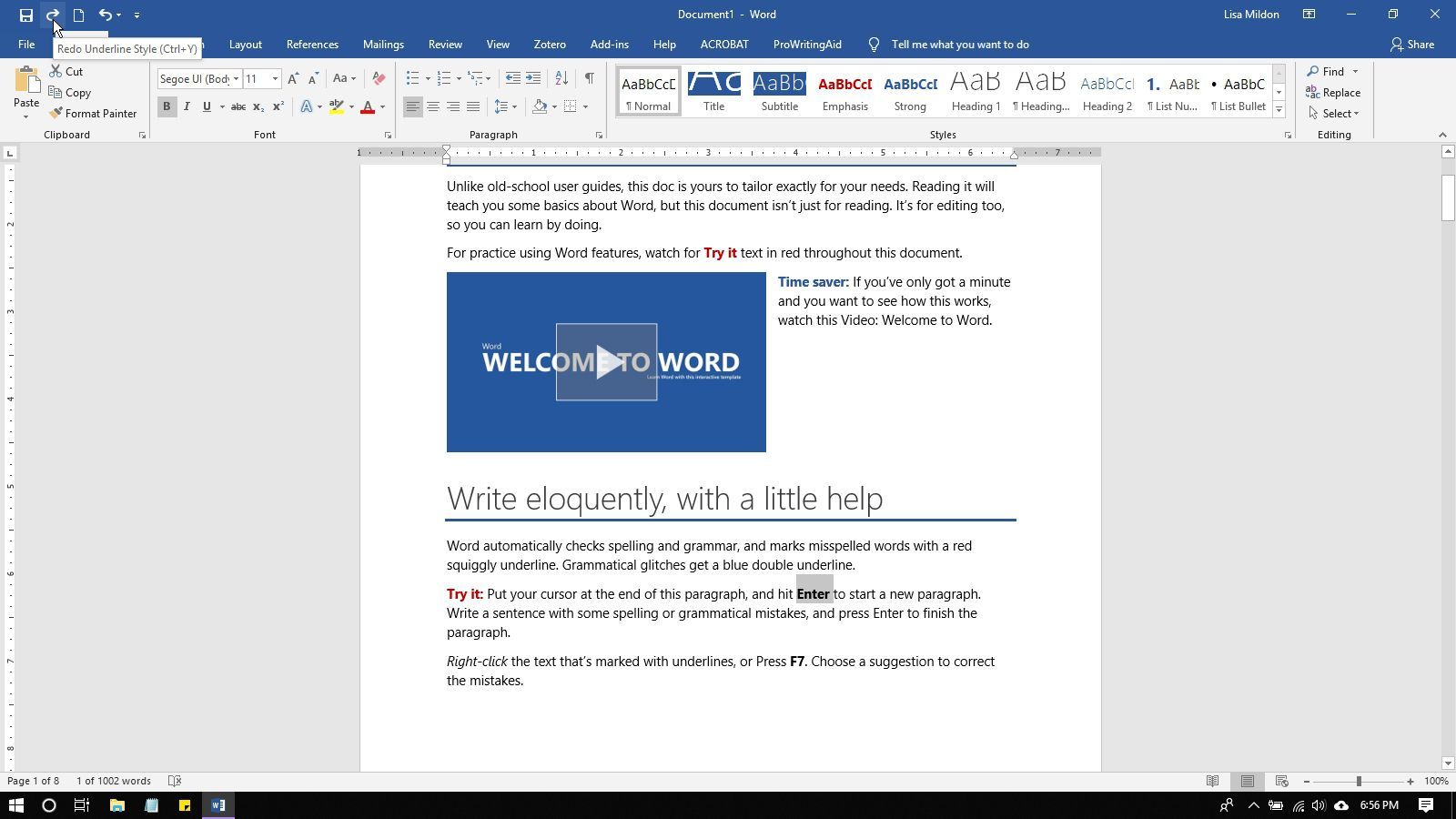 Команда «Вернуть» отображается на панели быстрого доступа в Microsoft Word.
