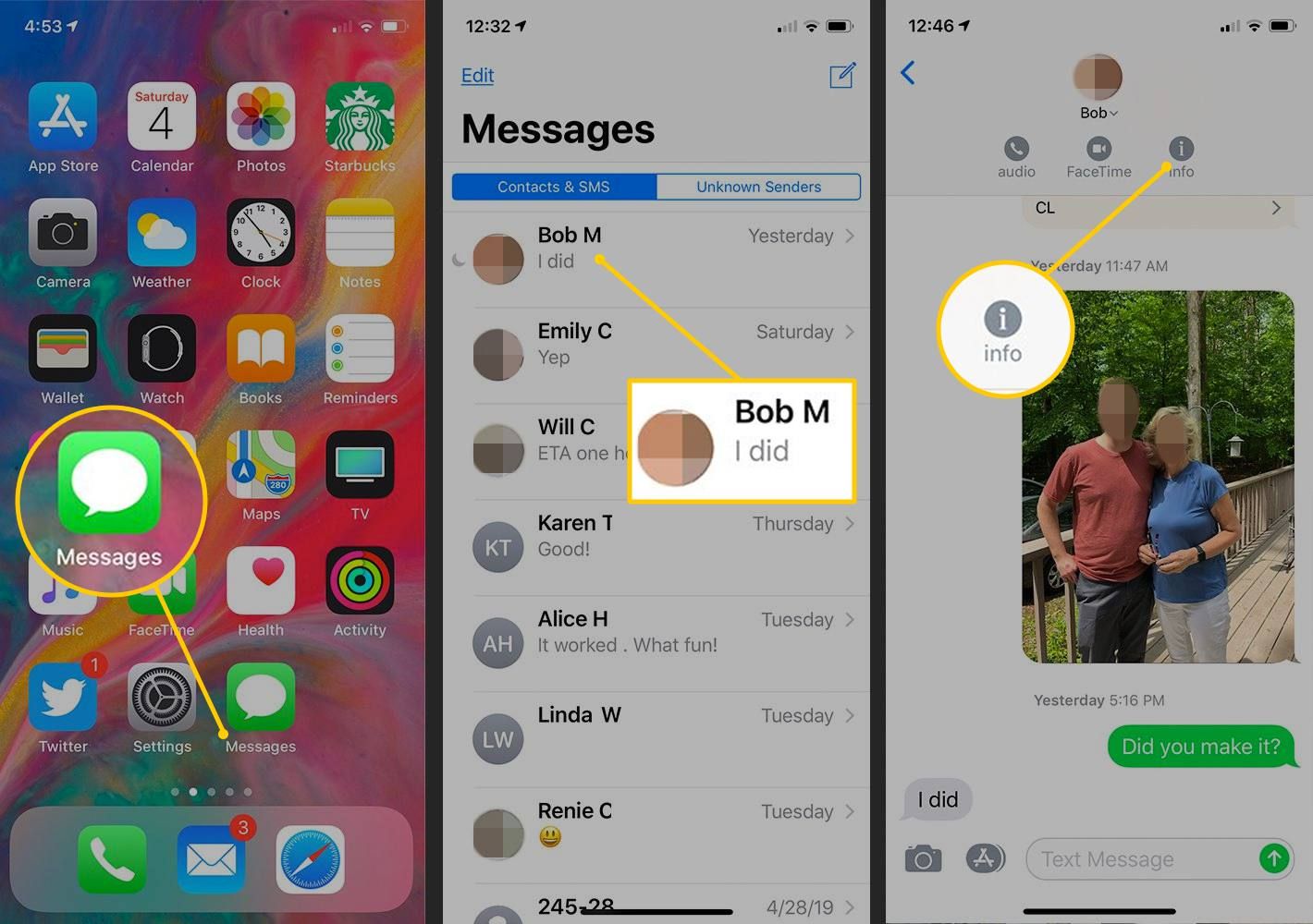 Сообщения, контакты, кнопка «Информация» на iOS